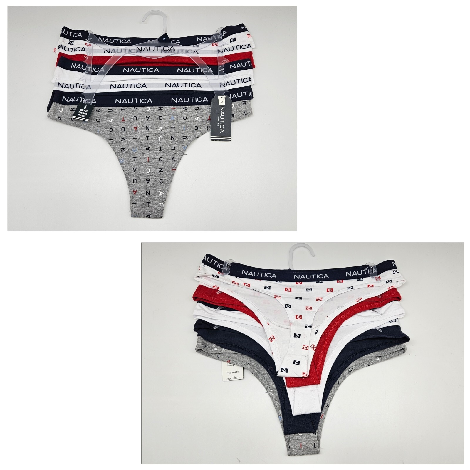 5 Pack NAUTICA Women’s M L XL Cotton Logo Thong Panties Navy Blue White Gray Red