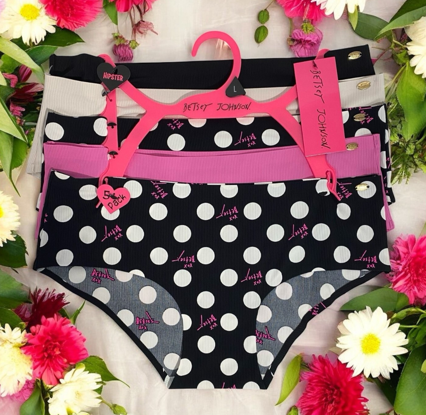 Betsey Johnson Hipster Panties Pink, Black, White Polka Dot 5 Piece Set Size L