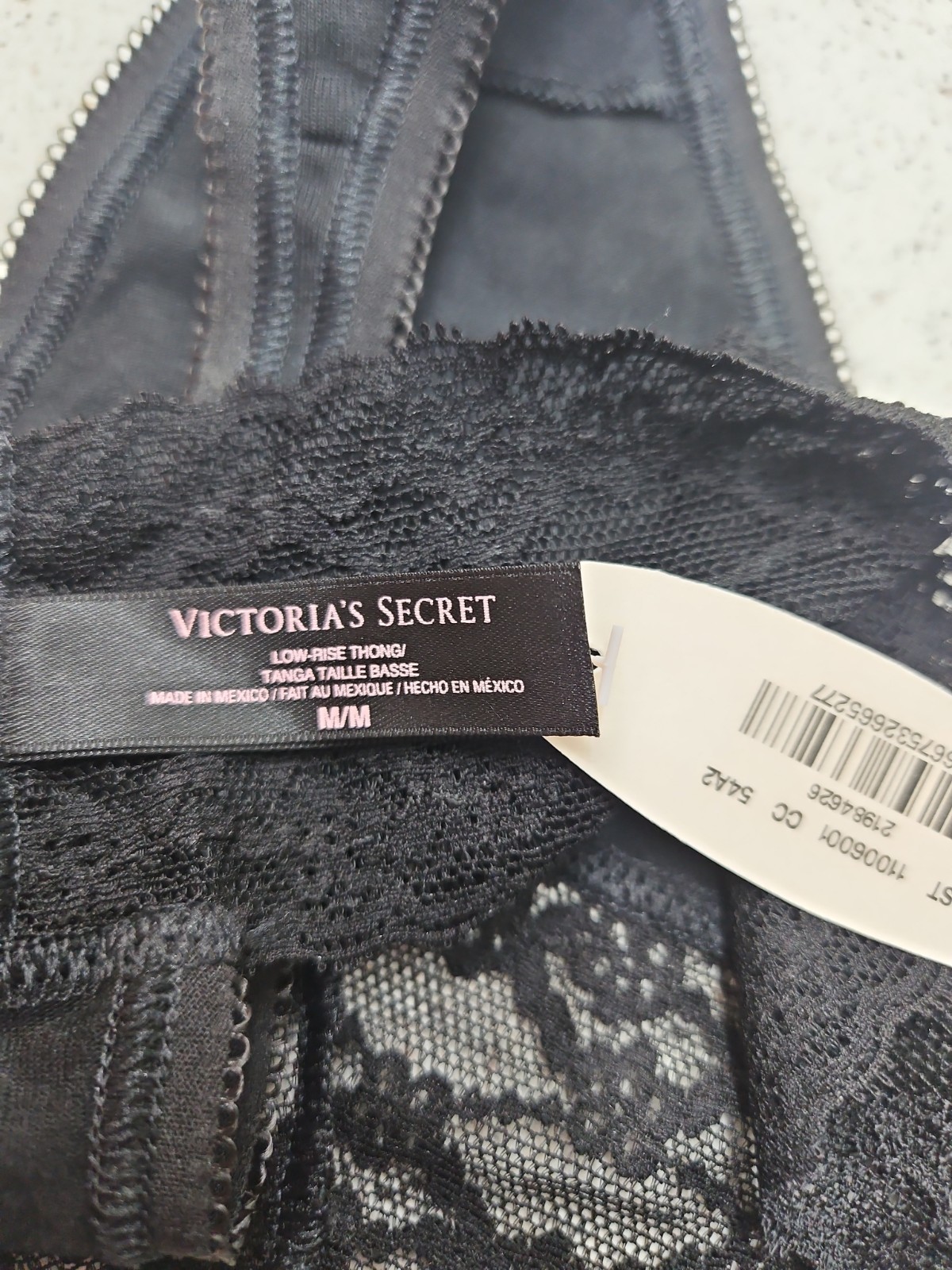 Victoria’s Secret Black Extra Low Rise Lace Waist Cotton Logo Thong Panty Medium