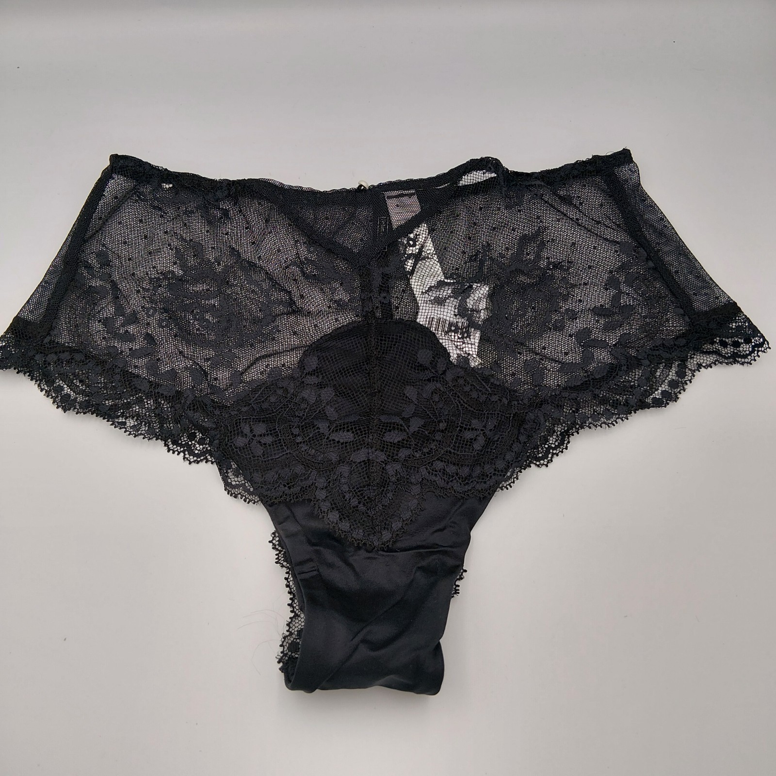 Intimissimi LARGE Black Floral Lace & Mesh Brazilian Panties Pearl Detail NWT