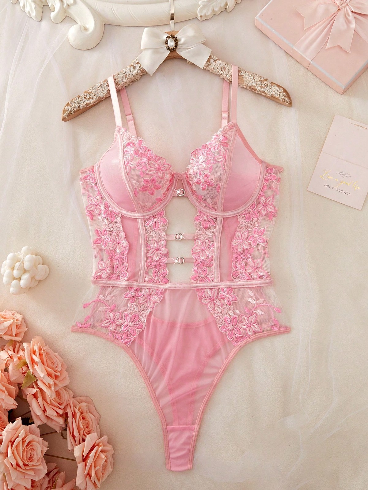 Sexy ladies lingerie jumpsuit with floral embroidery and mesh cheap 24
