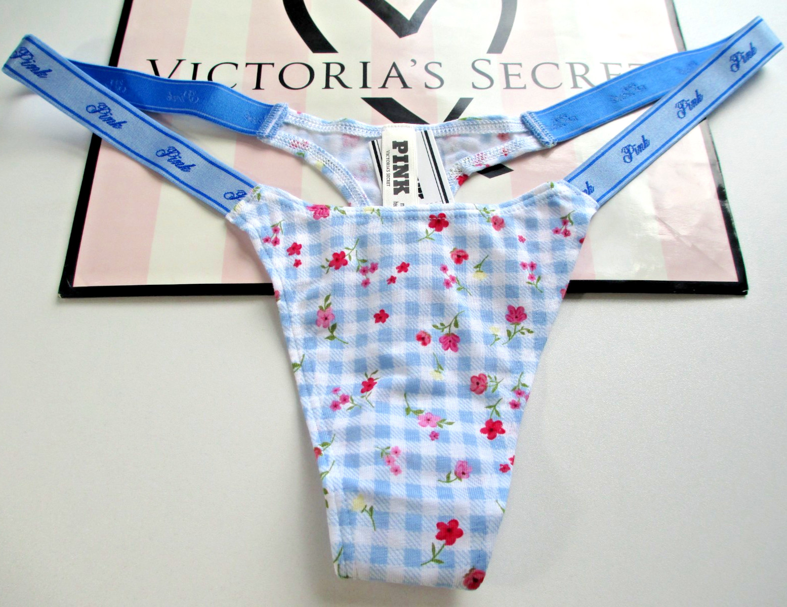 VICTORIA’S SECRET PINK Cotton High Leg Thong Micro Panty S M L Blue NWT Gingham