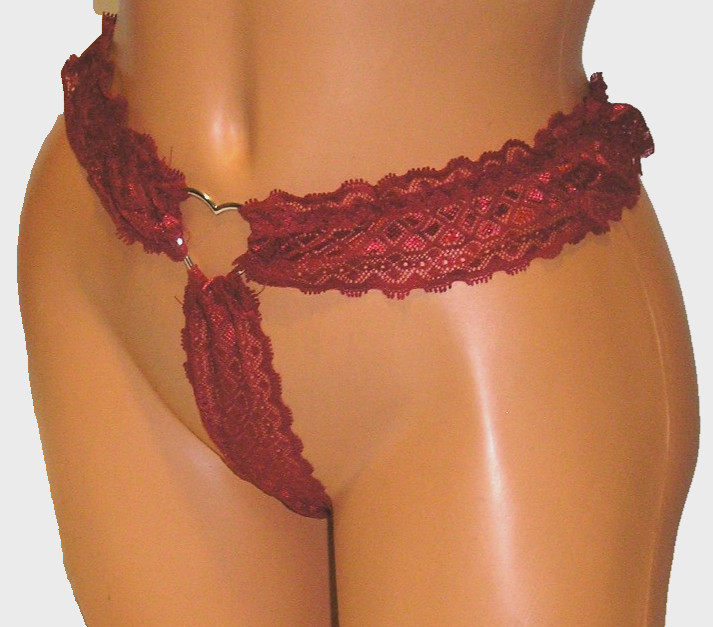 Panties Lingerie Metal Heart Ring Red Lace Thong Large Adult Gift