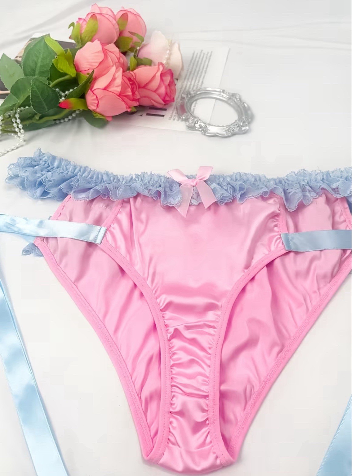 Women’s Cute Lace Shiny Fabric Gentle and Sweet Tie-Front Panties Size 1XL-18 UK