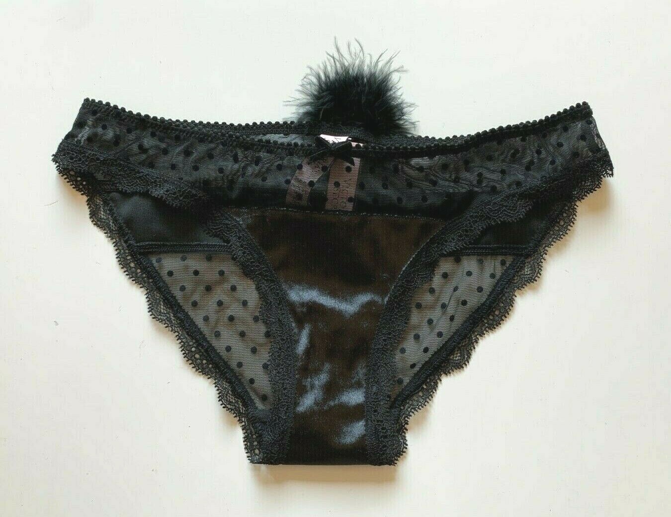 VICTORIA’S SECRET Size XS Dream Angels Cheekini Panty Black Mesh Dots with Pom