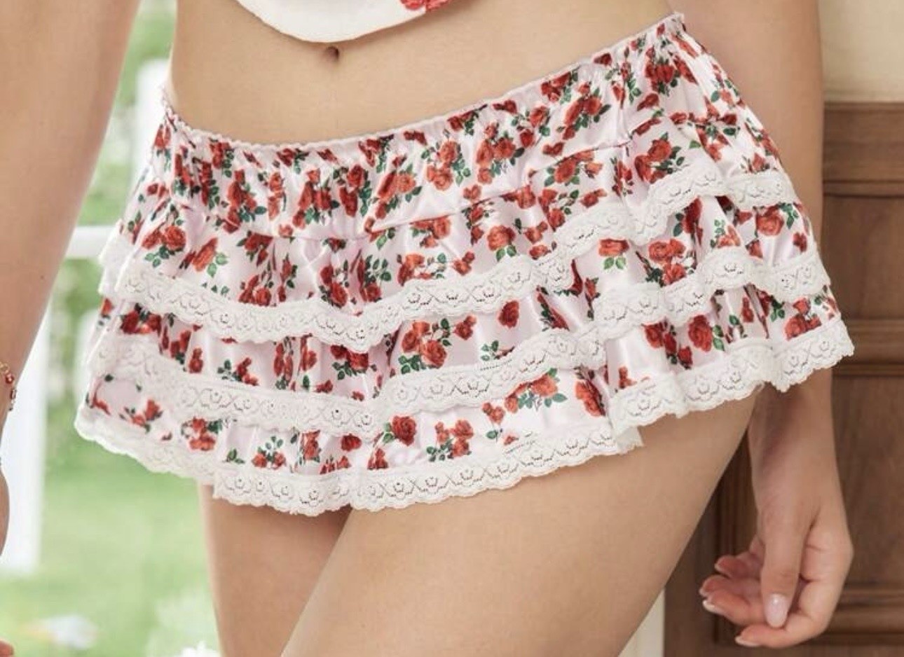 Countryside Rose 🌹 Print Satin Tiered Skirted Lace Brief Panties L NEW Sissy
