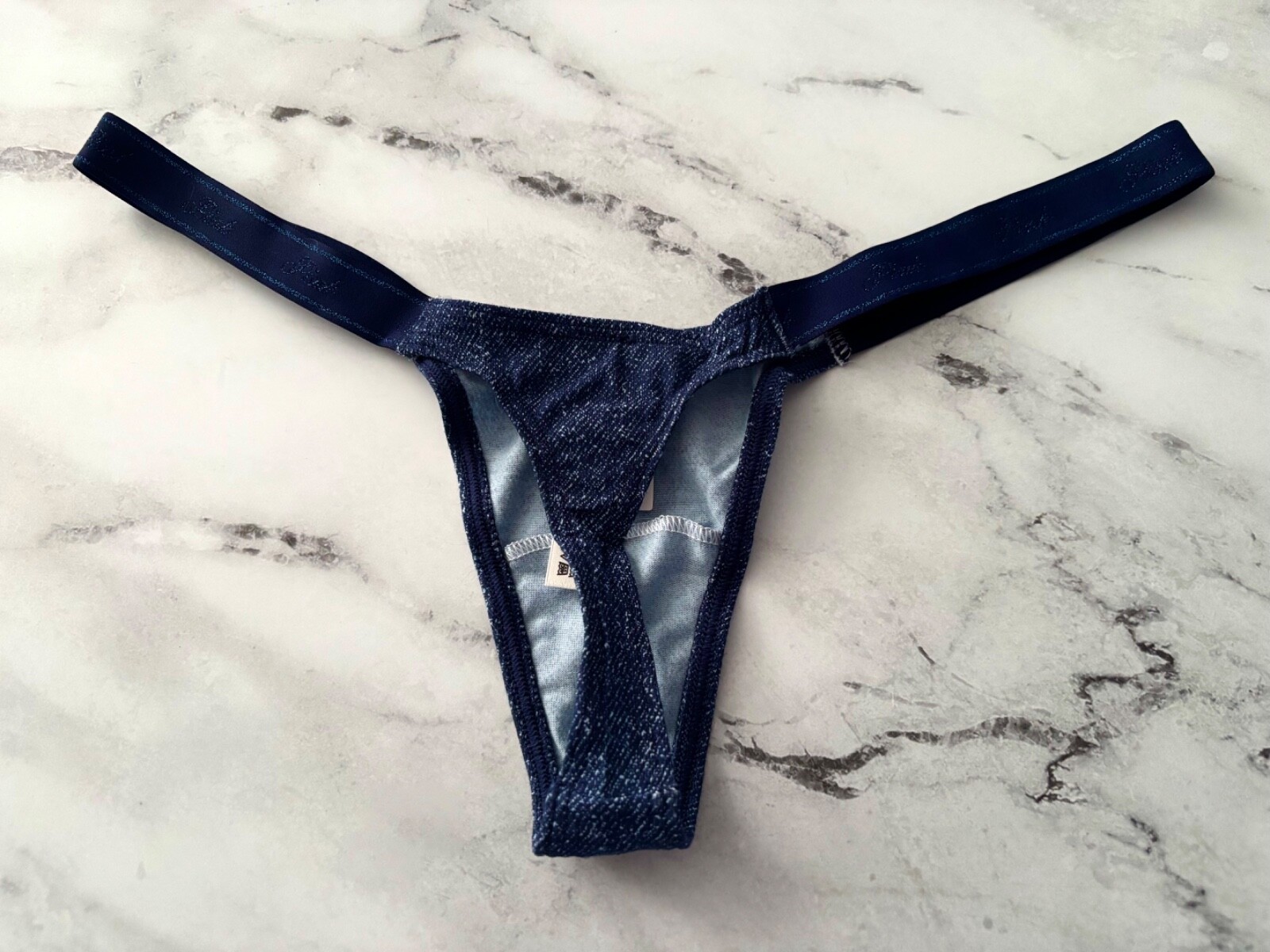 PINK Victoria’s Secret Thong Panty Faux Denim Logo Band Extra Low Rise S M L XL