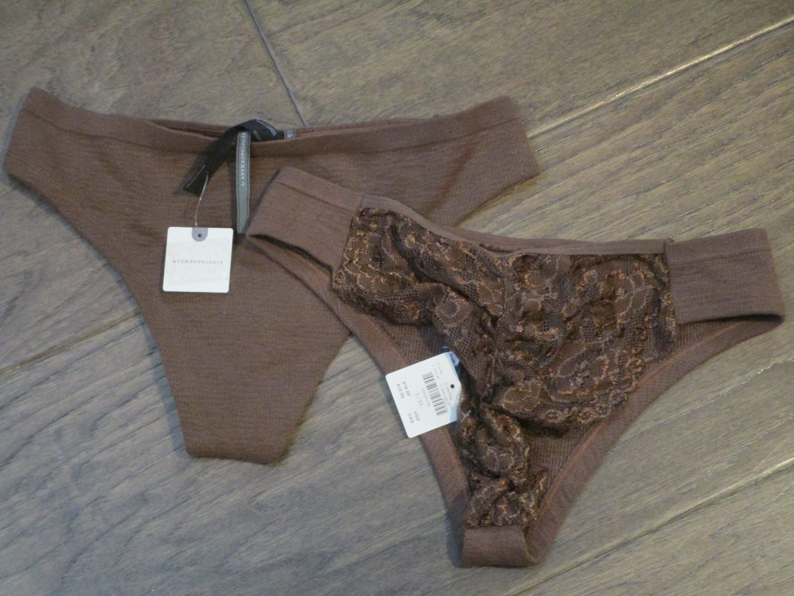 2 ANTHROPOLOGIE DANNI LACE-BACK THONG PANTIES IN BROWN SIZE L/ XL