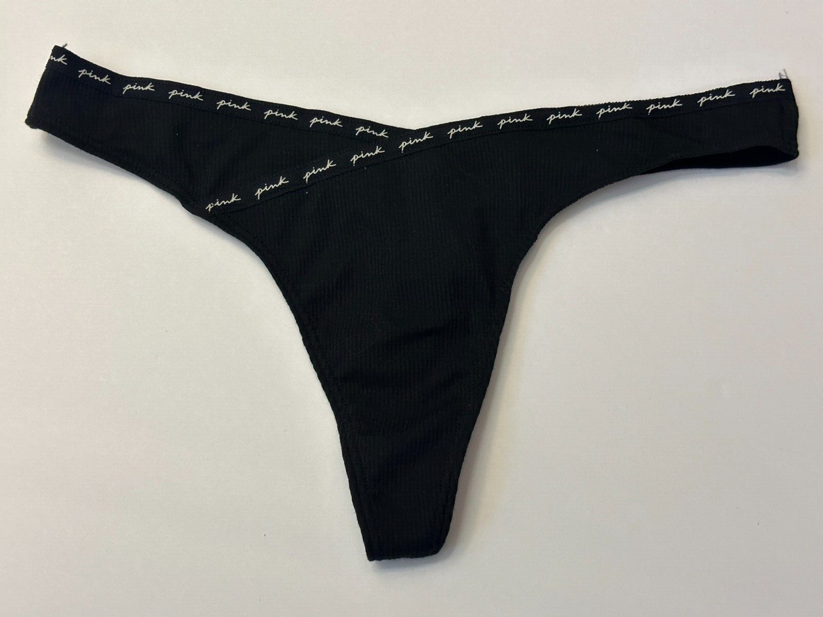 NWT Victoria’s Secret Pink Rib white Pink Logo Cotton Thong Black Panty Medium M