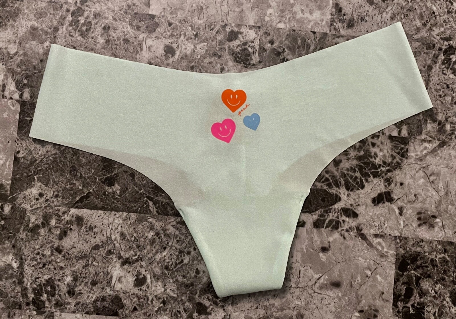 NWT VICTORIA’S SECRET PINK GREEN BLUE HEART HAPPY FACE NO SHOW THONG PANTIES