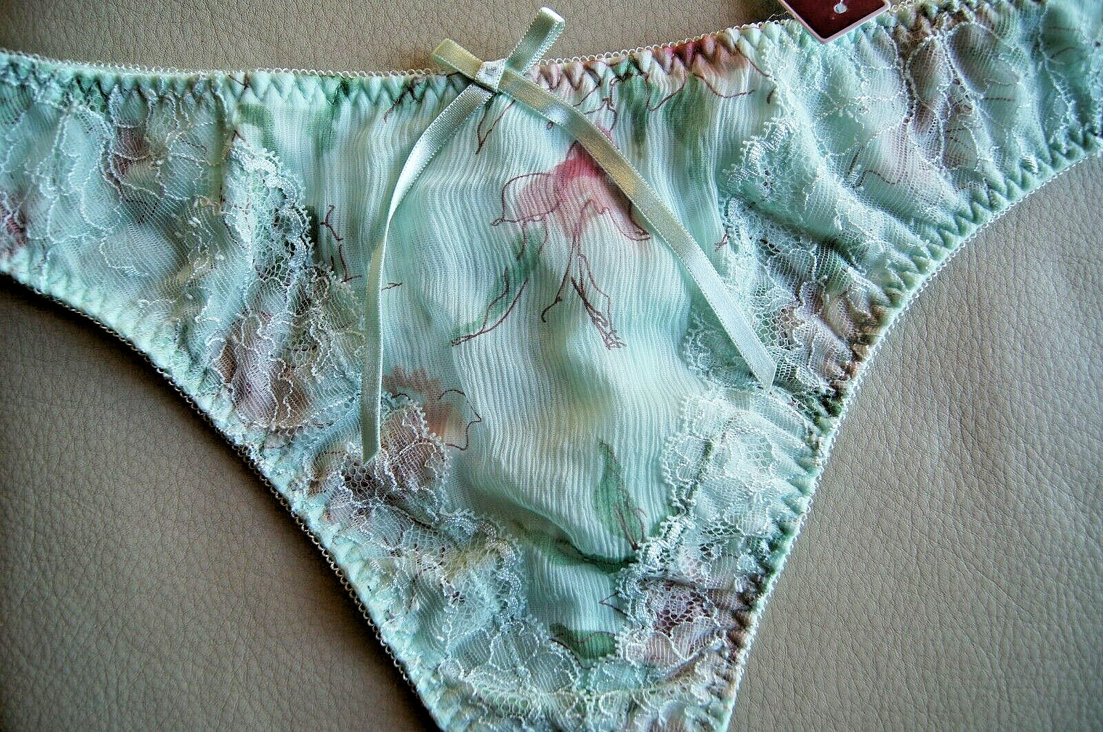 Splendour MINT Green/Brown Silk Chiffon/Lace High Leg Thong