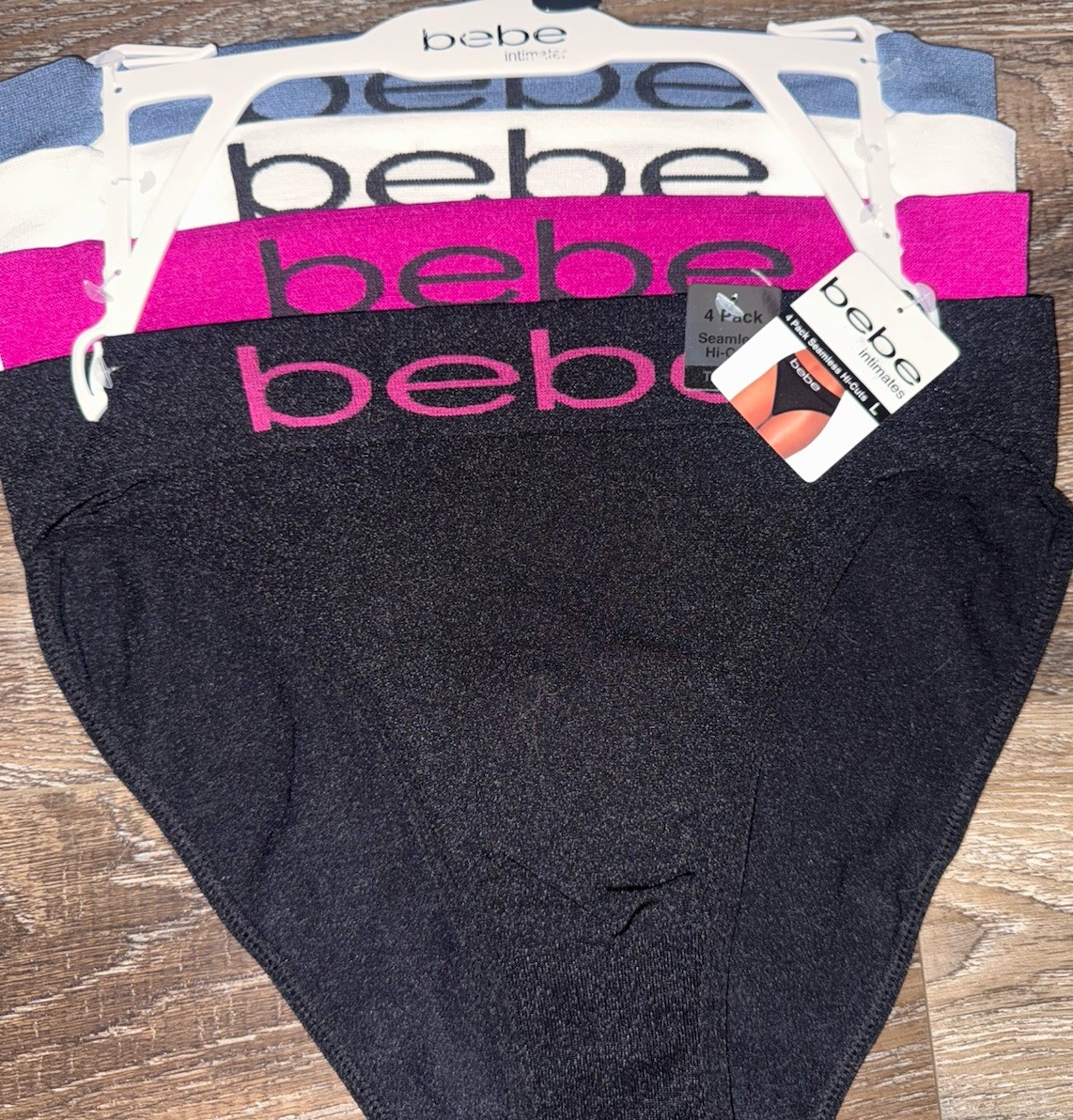 Bebe ~ Womens Hi-Cut Underwear Panties 4-Pair Nylon Blend Ribbed ~ L