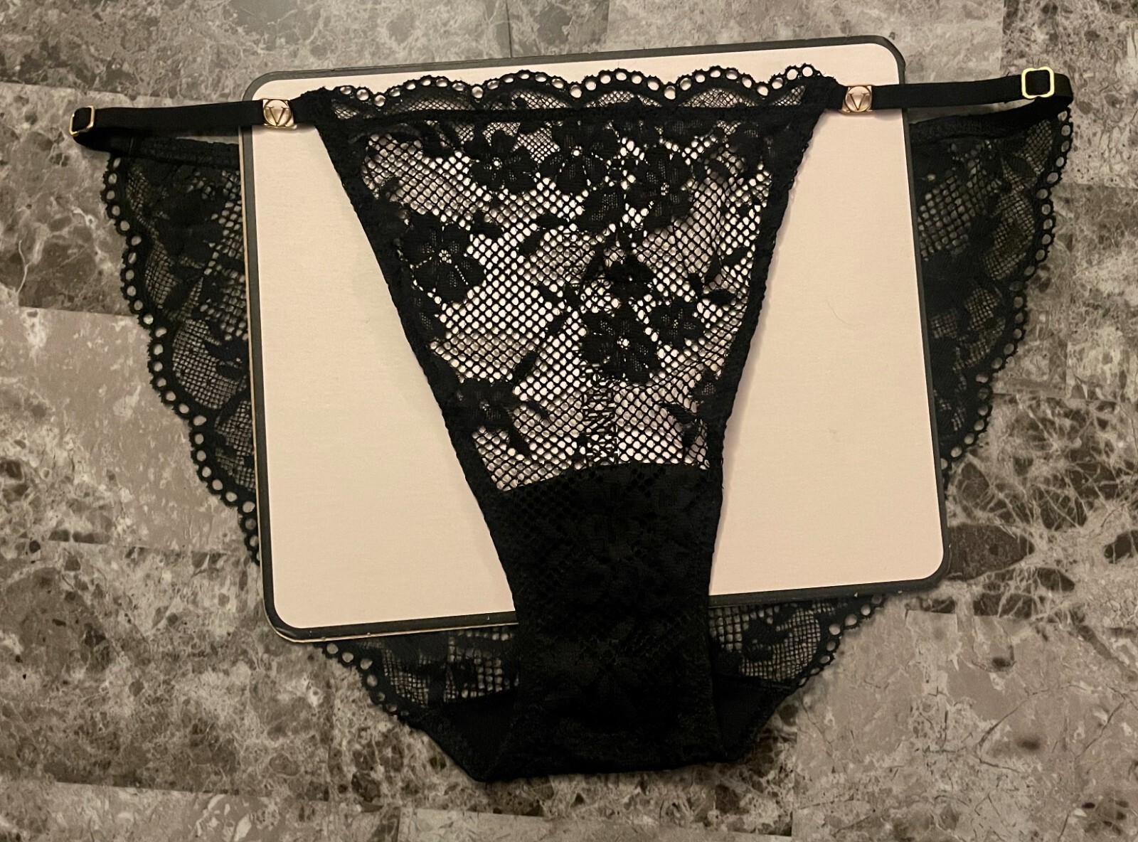 NWT VICTORIA’S SECRET S BLACK LACE GOLD ADJUSTABLE STRAP STRING BIKINI PANTIES