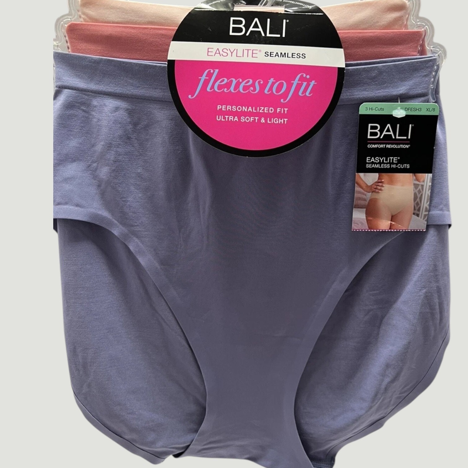 Bali EasyLite Seamless Hi‑Cut Panty 3 Pack – Pink, Mauve, Glow Blue, Size 8 / XL