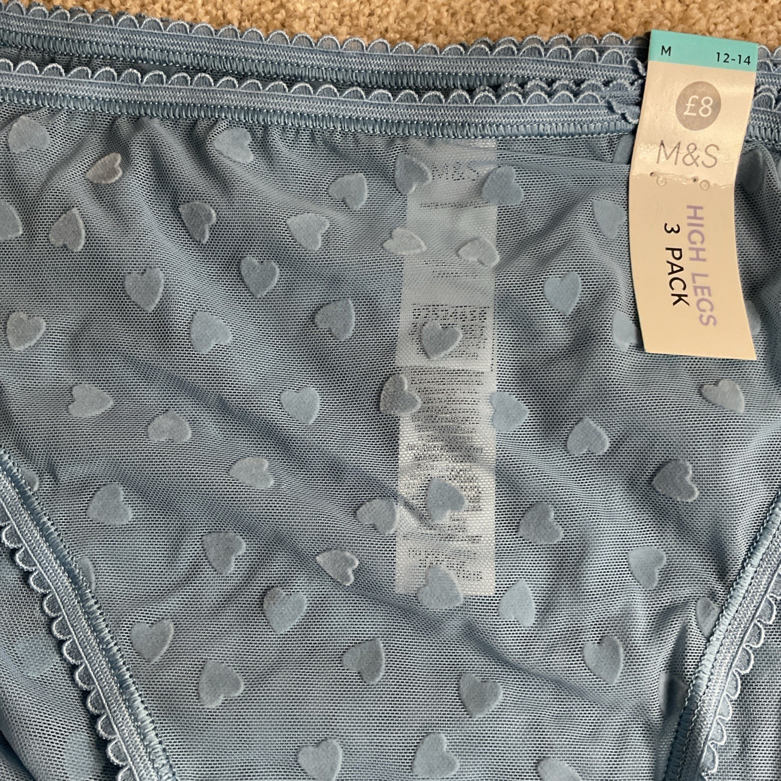 M&S 3 PACK Size Medium 12-14 Ladies High Legs Knickers Slate Blue M Mesh Hearts