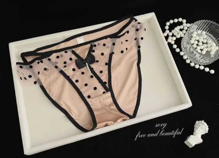 Women Kawaii Polka Dot Bowknot Open-Front Ruffled Strappy Bikini Panties size M