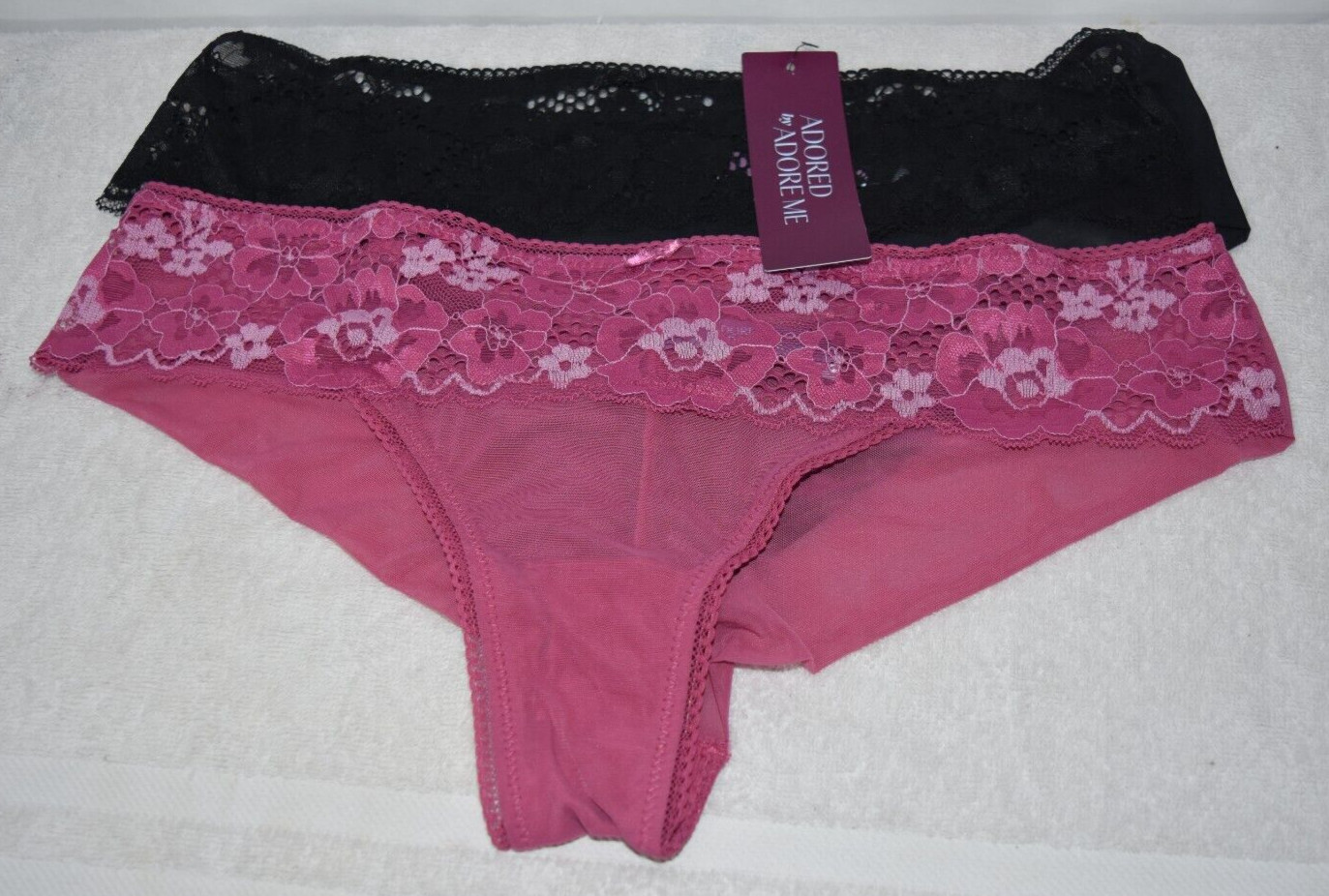 2 NWT Adorned Adore Me Textured Lace Mesh Cheeky Panties Lot Satin Bow 2X XXL