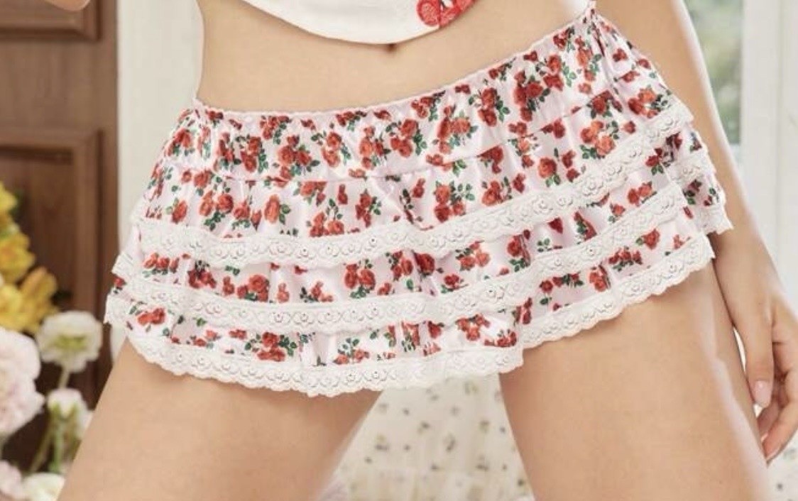 Countryside Rose 🌹 Print Satin Tiered Skirted Lace Brief Panties L NEW Sissy