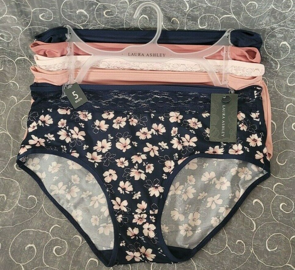 Laura Ashley 5 Microfiber Briefs Size 1X Solid, Floral w/ Lace Panel, Navy, Pink
