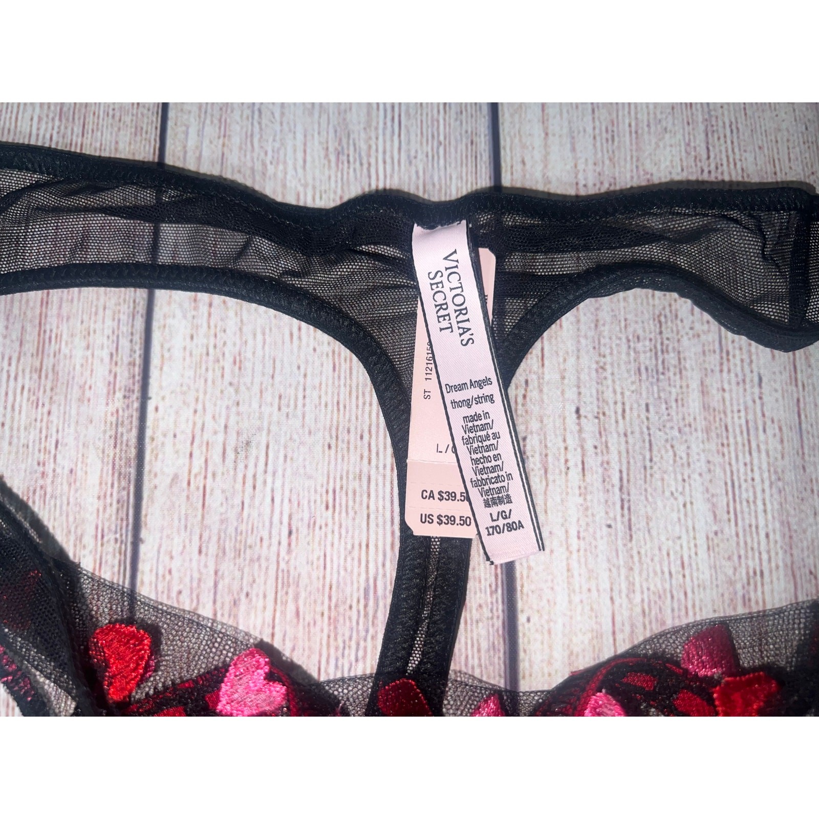 Victoria’s Secret Dream Angels Heart Embroidery Thong Panty Color Black Sz L NWT