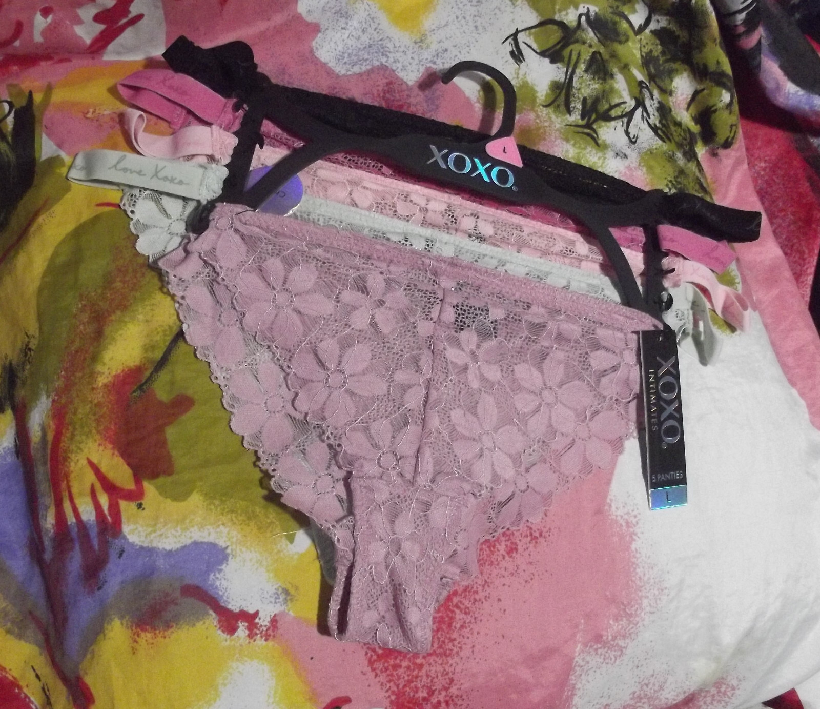 5 NEW XOXO INTIMATES XO7816 5PKW ELASTIC SIDES CHEEKY LACE BIKINI PANTIES L
