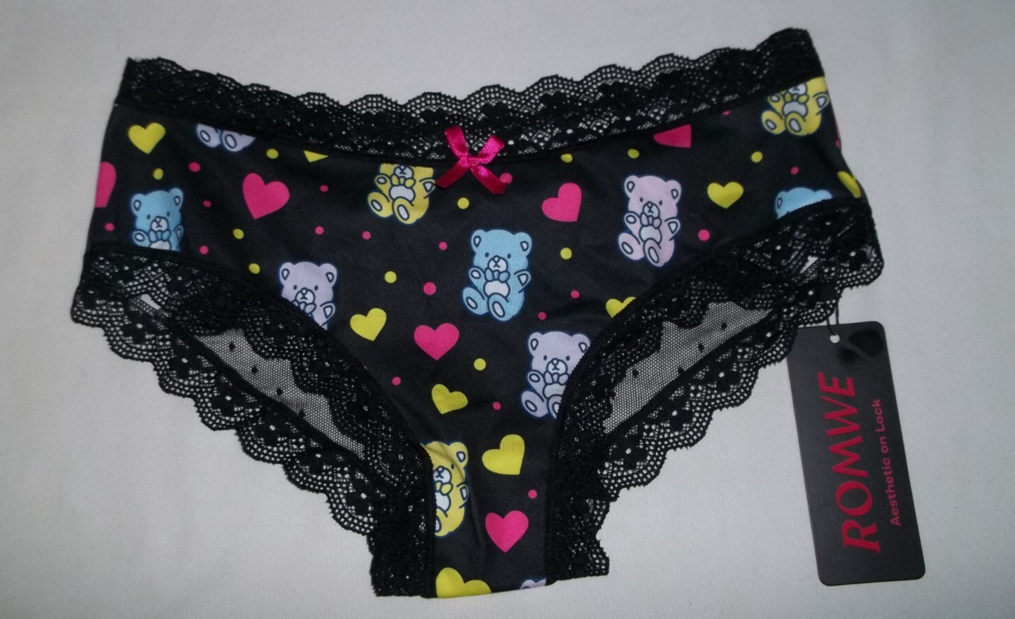 Romwe kawaii lace trim bear/dot/heart print panties w/mesh rear S black nwt 80s