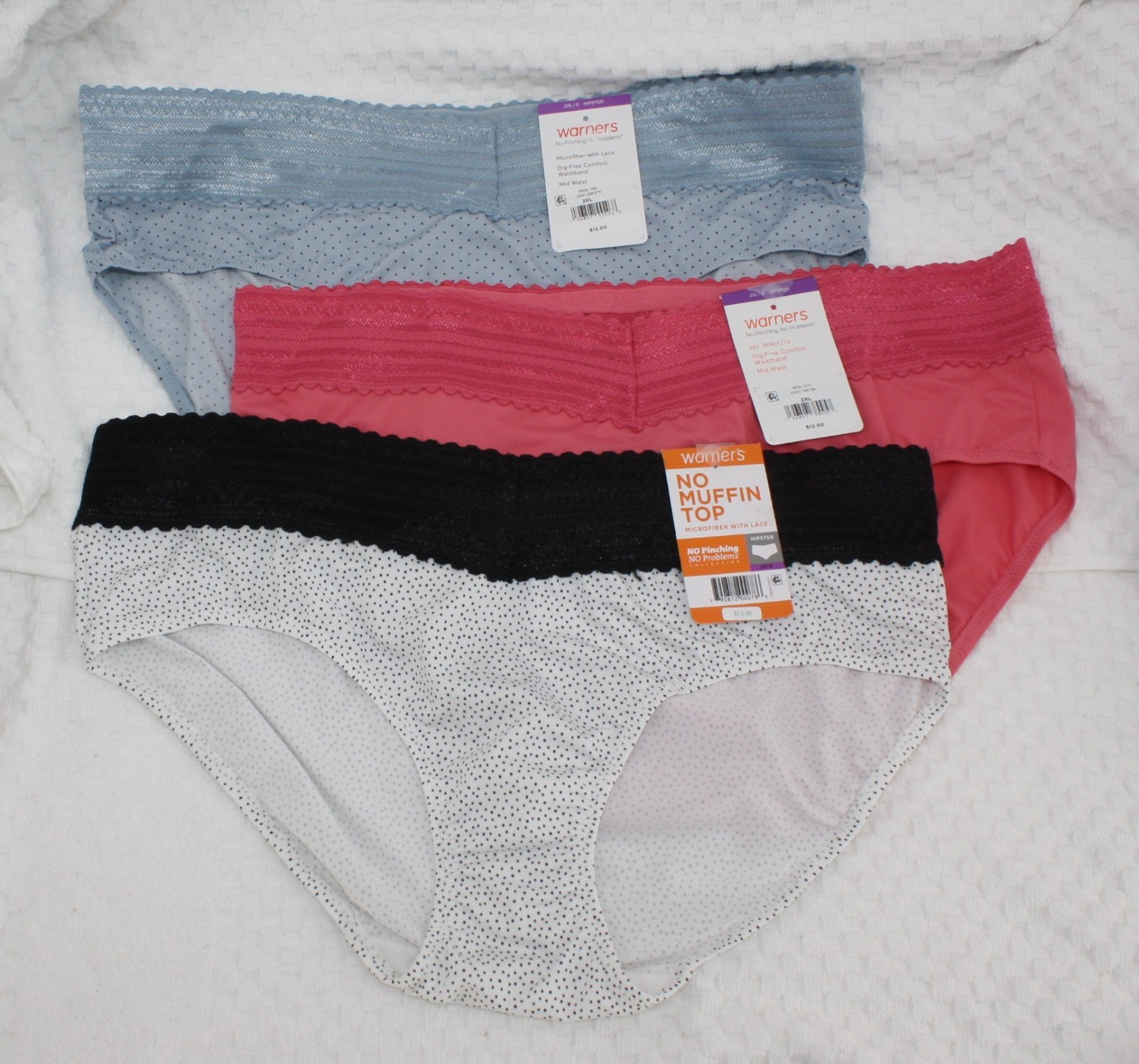 New set/3 WARNER’S no muffin top HIPSTER panties ROSE BLACK white BLUE dot 9/2XL