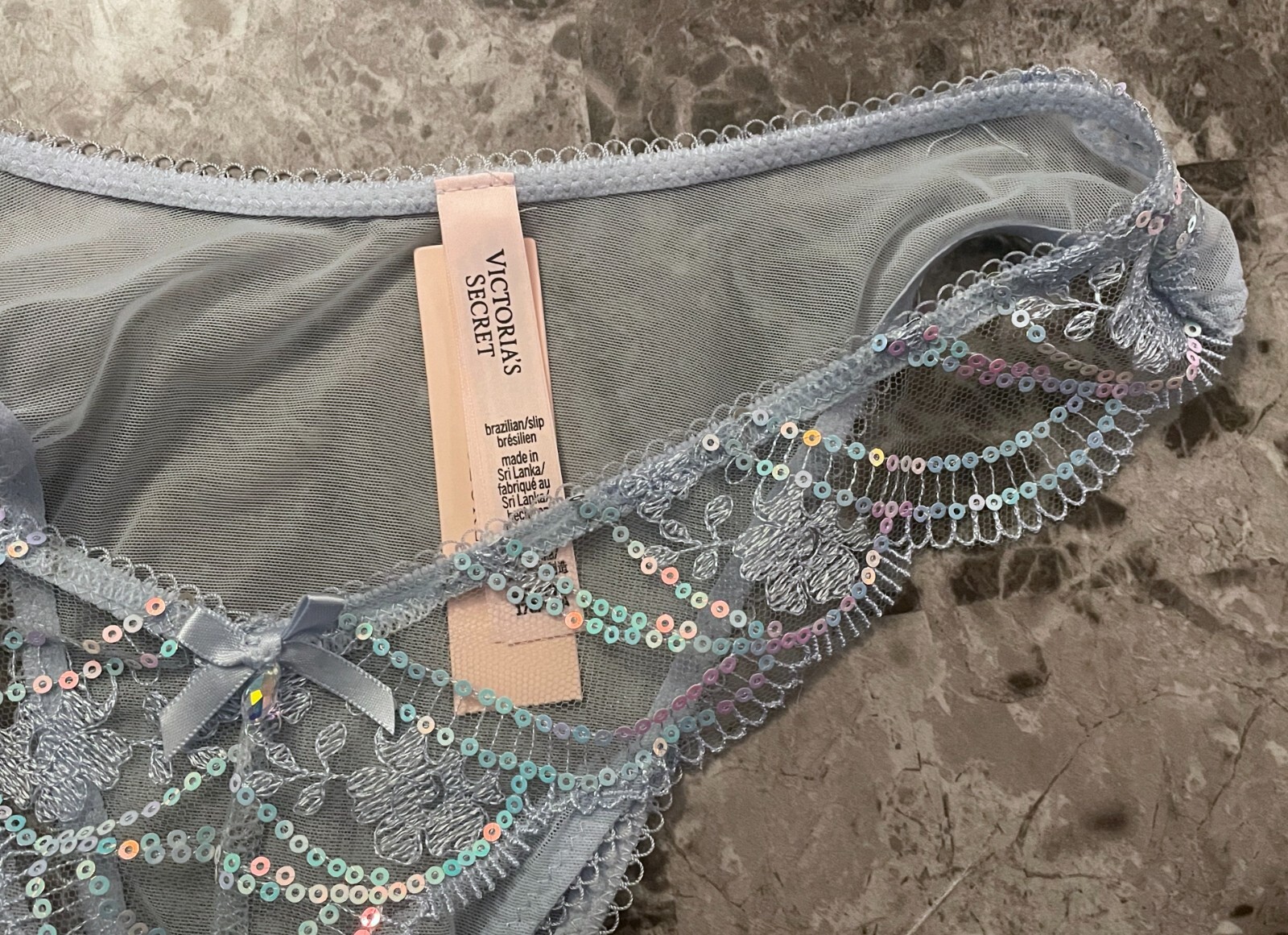 NWT VICTORIA’S SECRET BLUE MESH IRIDESCENT SEQUIN PICOT BRAZILIAN CHEEKY PANTIES