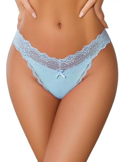 Women’s Underwear Lace Waist Thongs Ribbed Sexy T Back XX-Large Sky Blue