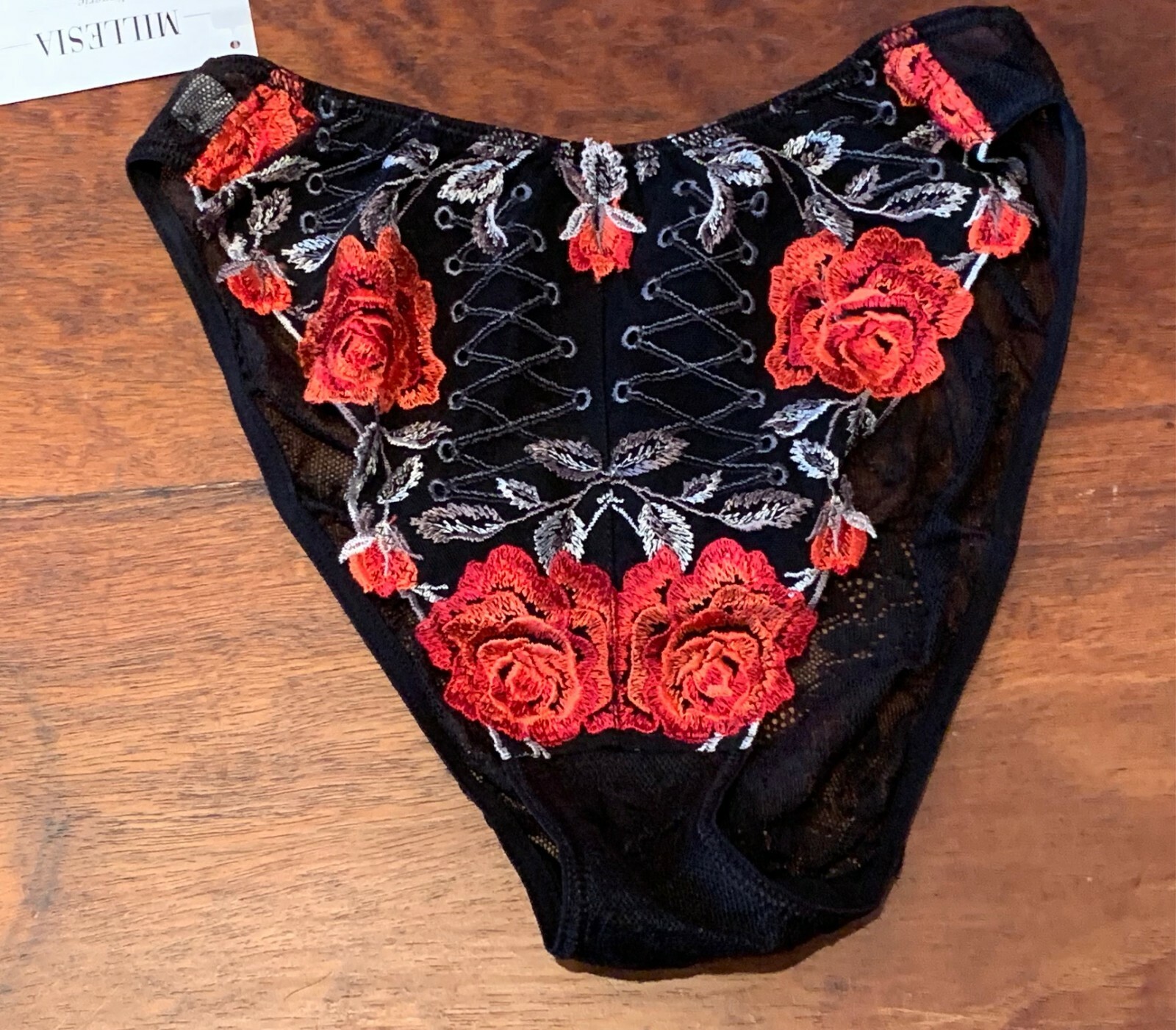 MILLESIA M4680 ~ BLACK / RED ROSE FLORAL EMBROIDERED SEMI SHEER PANTIES ~ XS