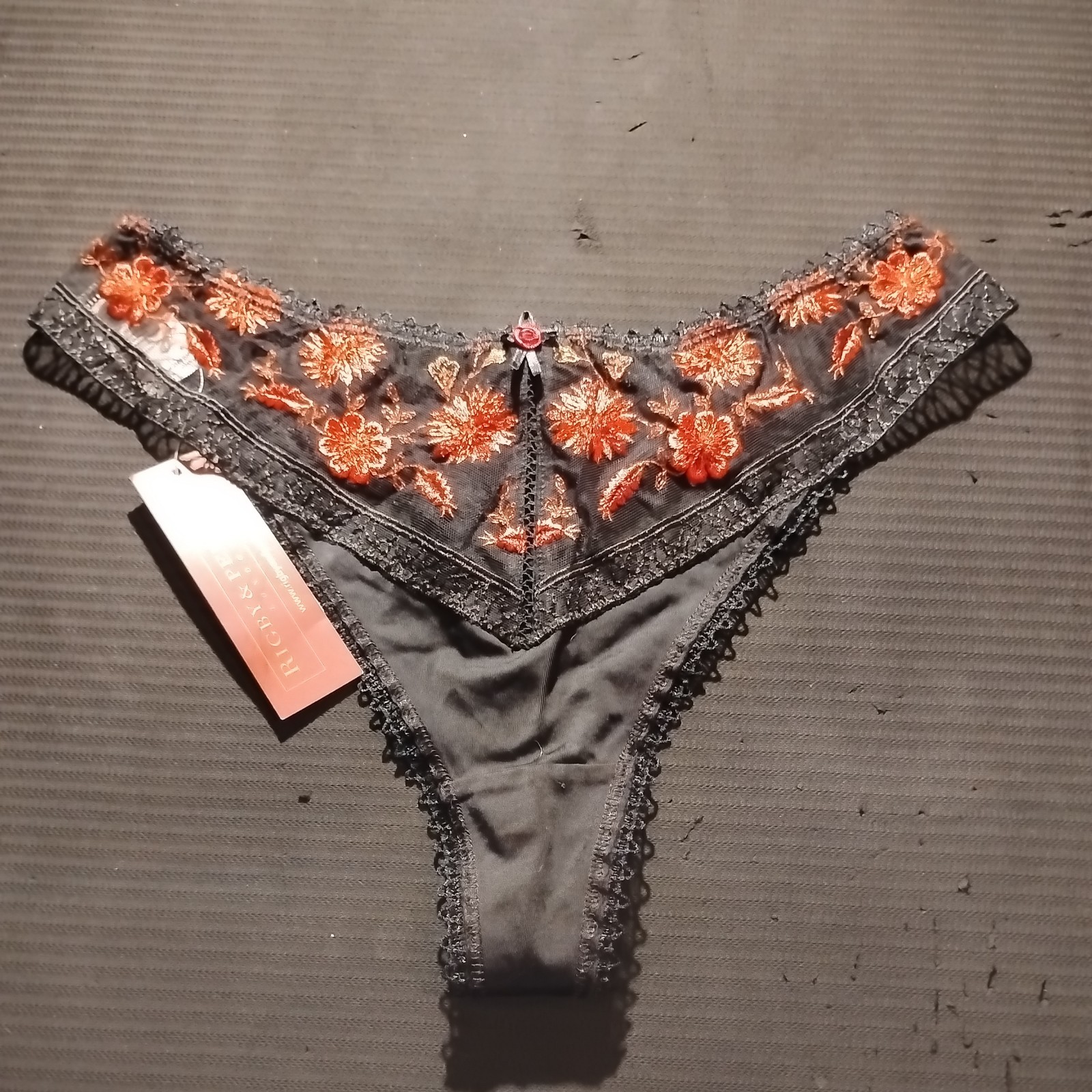 Rigby & Peller Thong G-string Black with Red Embroidery Medium Sheer Lace