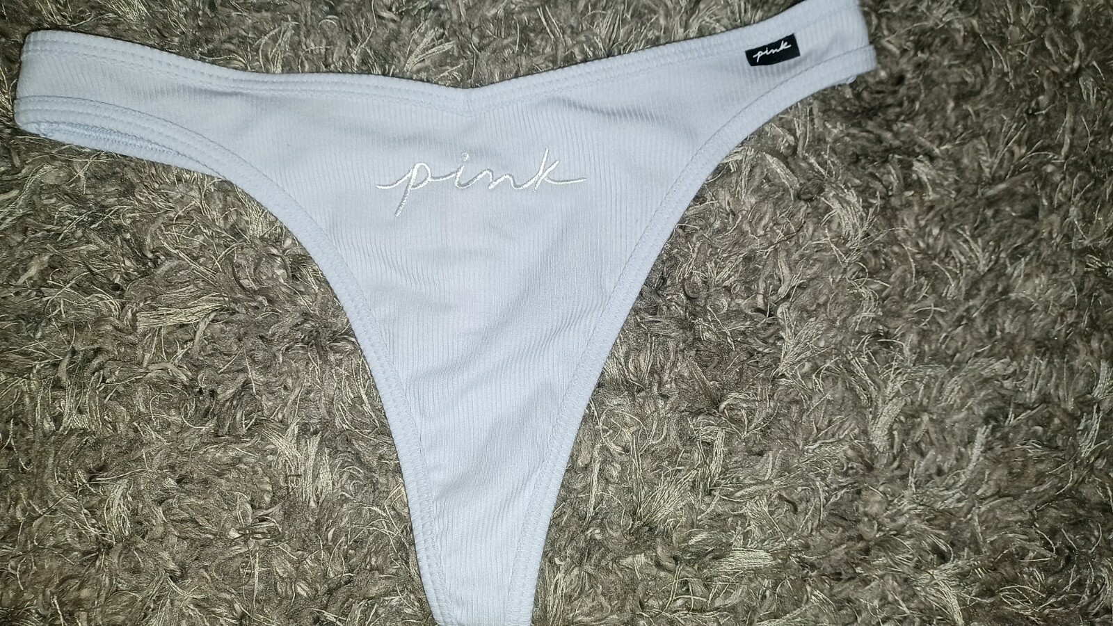 VS pink cotton ribbed thong Panty NEW SIZE medium pale blue embroidered logo