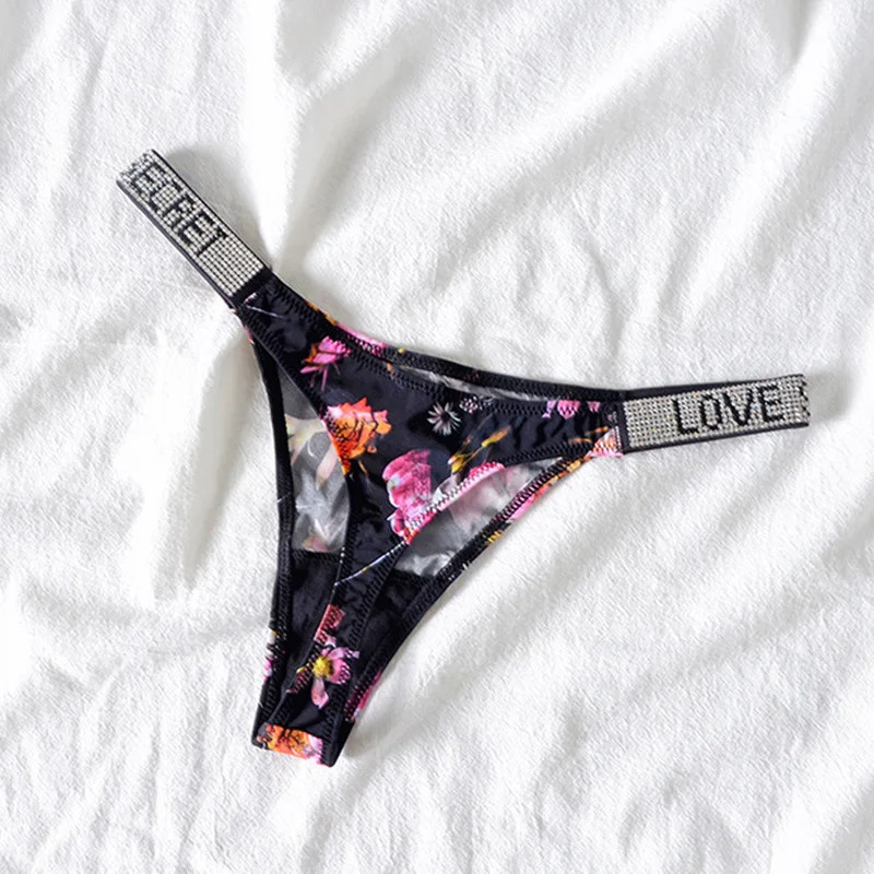 Low Rise Thong Panties Rhinestone Letter G String Stretch Fit Women Underwear