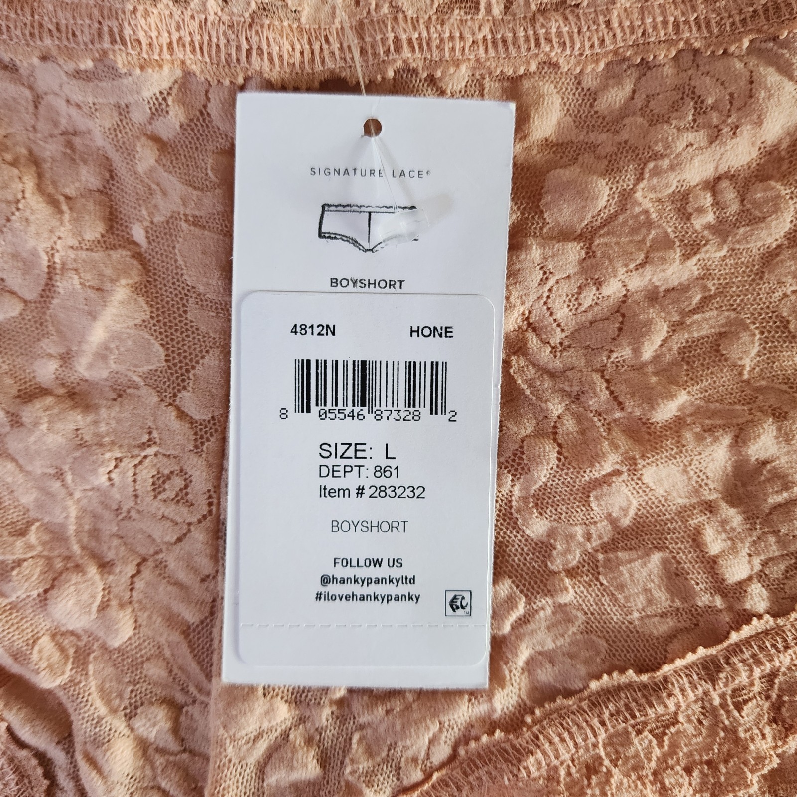 NWT HANKY PANKY STRETCH LACE BOYSHORT PANTIES 4812N HONE PEACH NUDE LARGE