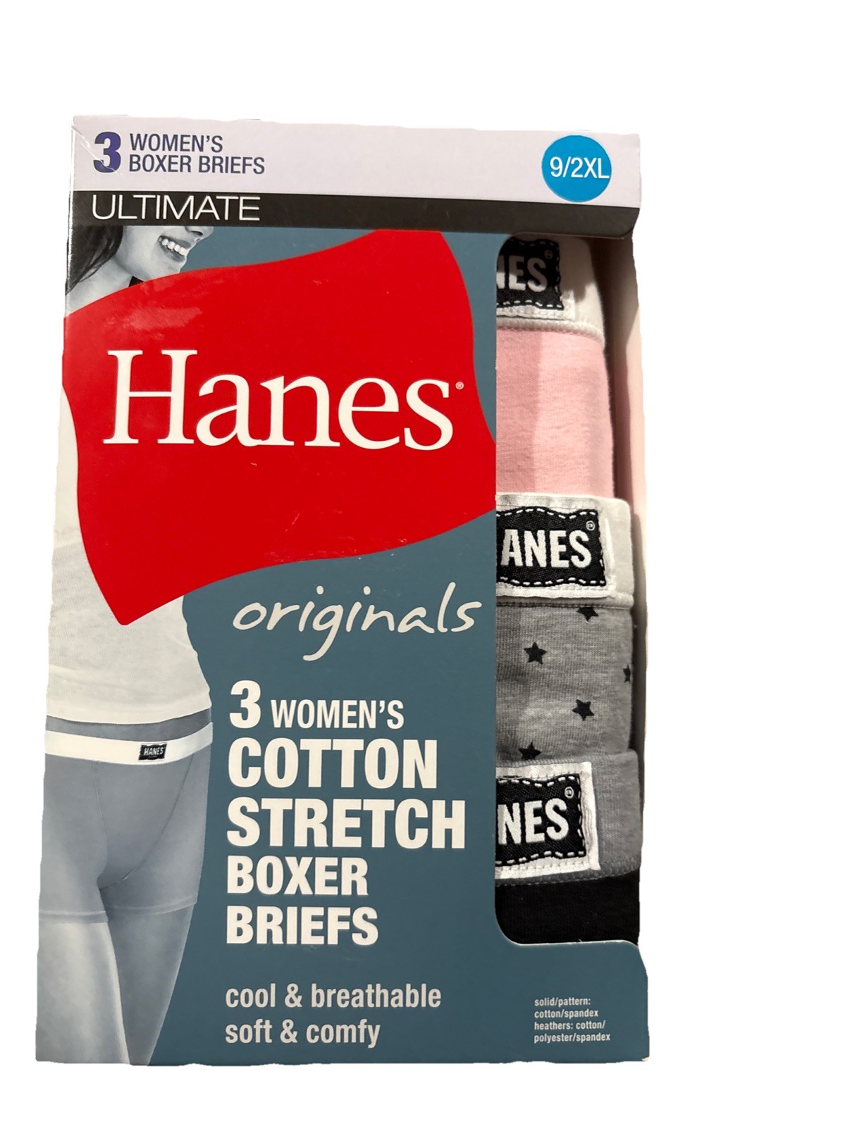 Women’s HANES 3 Pack ULTIMATE COTTON STRETCH BOXER BRIEFS SIZE 9/2XL