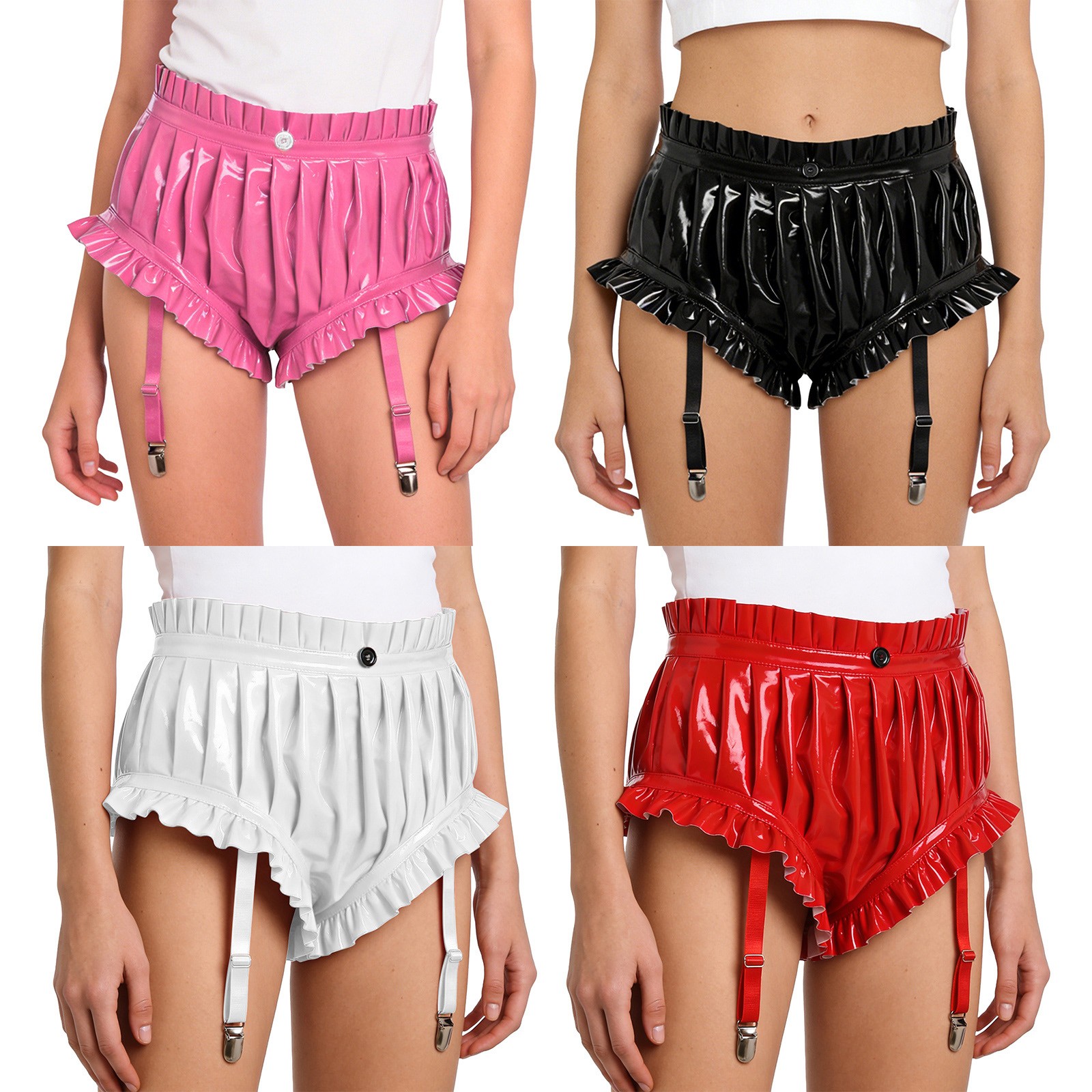 Womens Wet Look PU Leather Briefs Underwear Ruffled Trim Ruched Bloomer Shorts