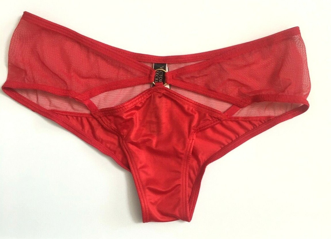 Victorias Secret Sexy Lipstick Red Cheeky Panties O-Ring Cut-Outs Size L Sheer
