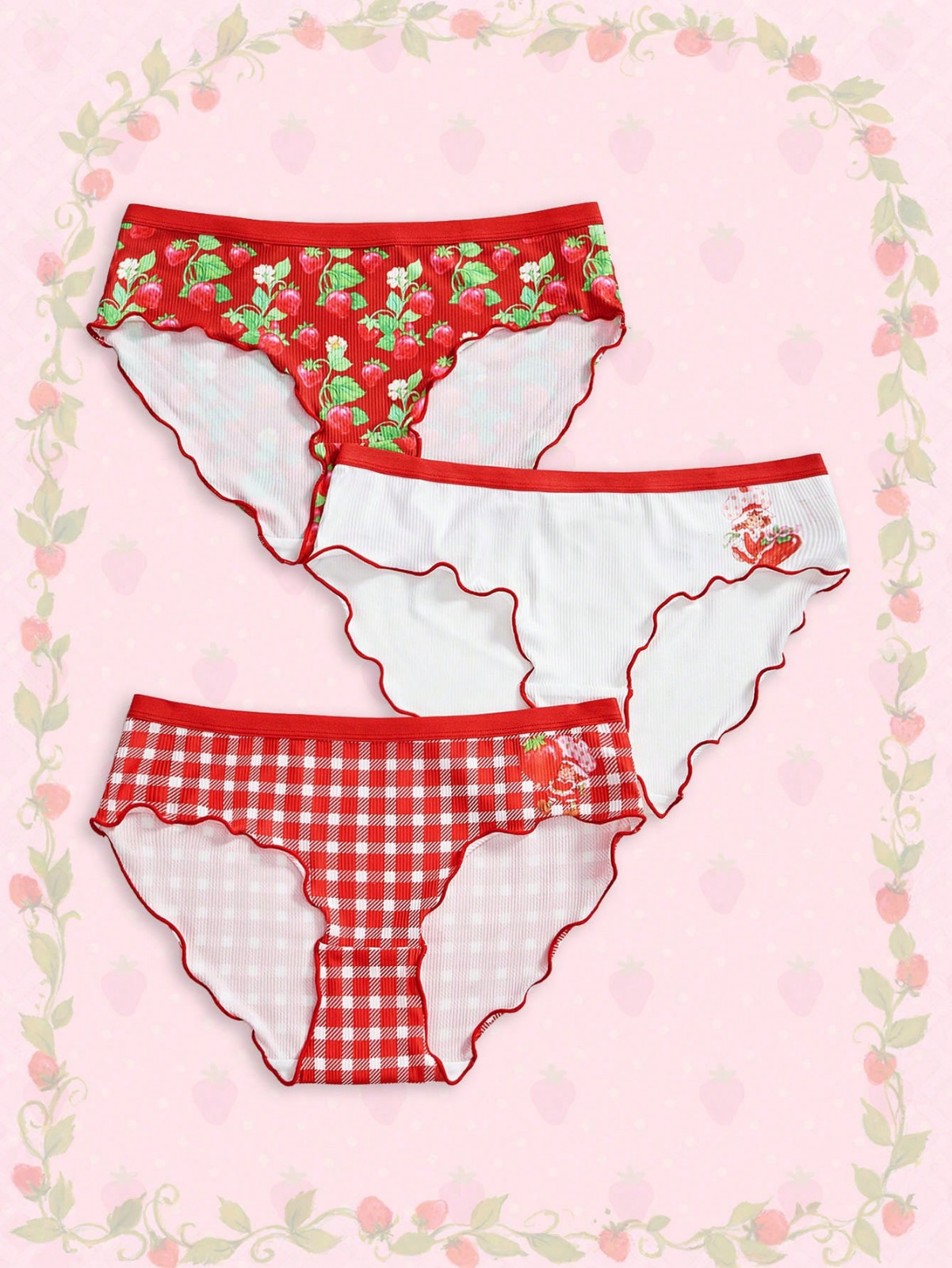 Women’s Strawberry Shortcake Kawaii Cute Red Ruffle Bikini Panties – Pack of 3
