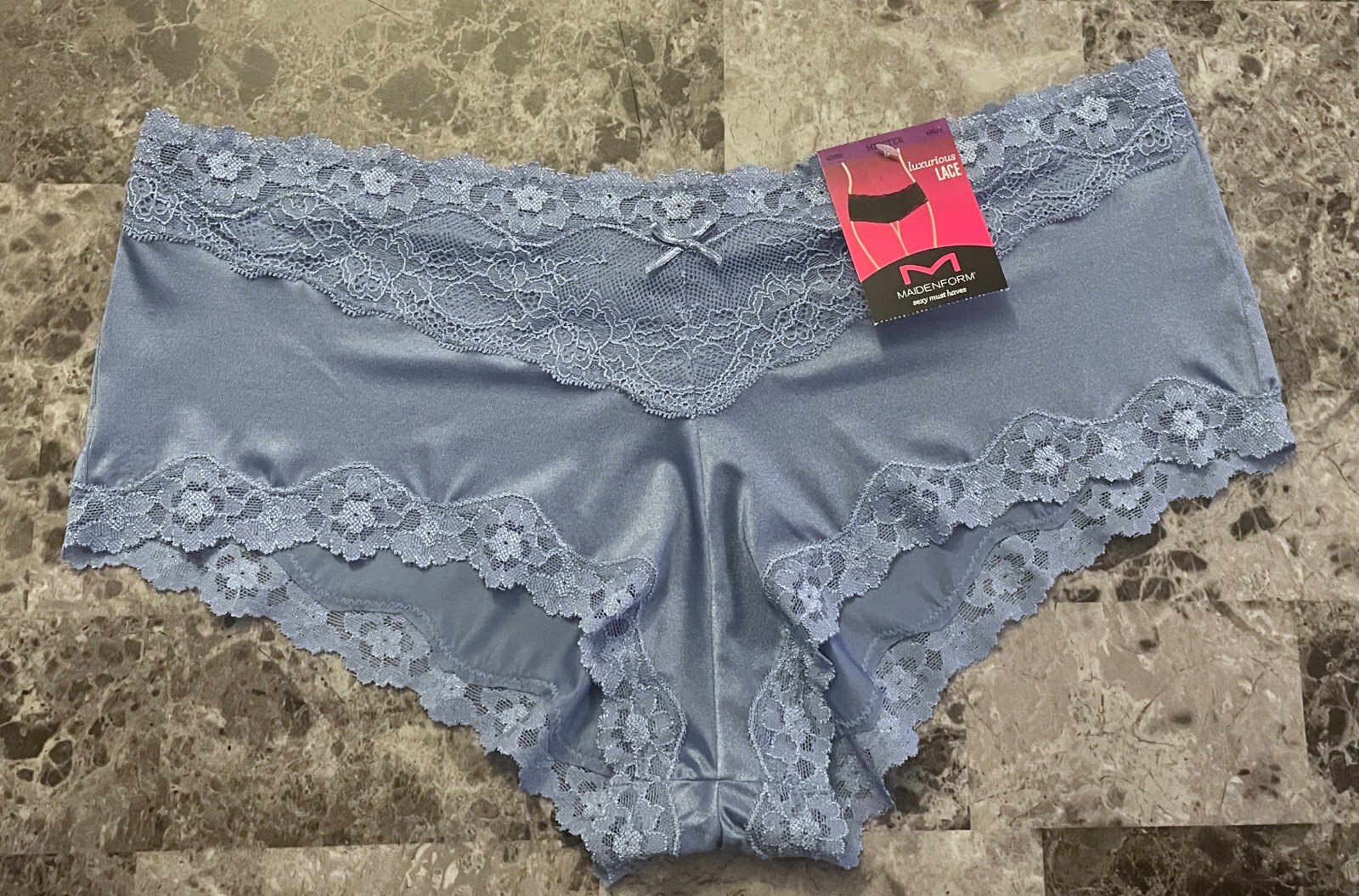 NWT MAIDENFORM 2XL BLUE SATIN SMOOTH FLORAL LACE HIPSTER CHEEKY PANTIES