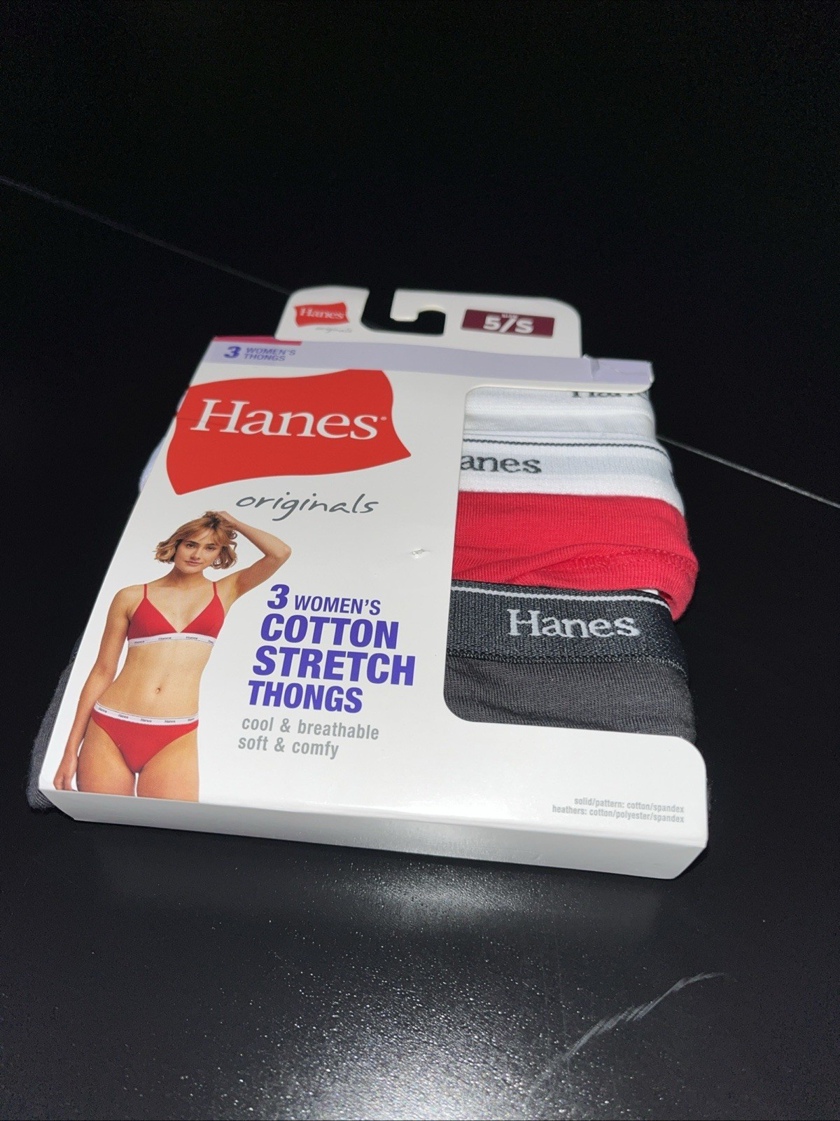 HANES Womens 3-Pack Cotton Stretch Thong Underwear Red White Black Size 5/S