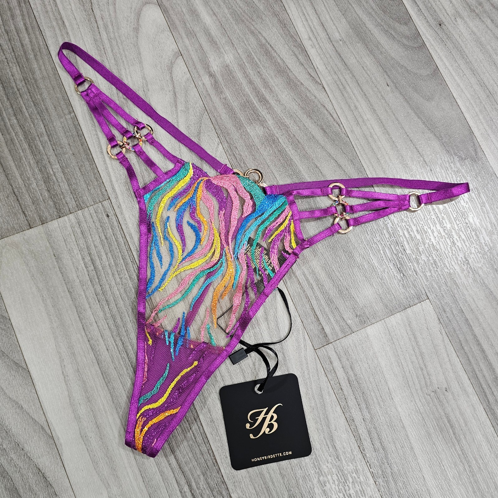 Honey Birdette Solange Rainbow Colorful Embroidered Thong Panty Size M