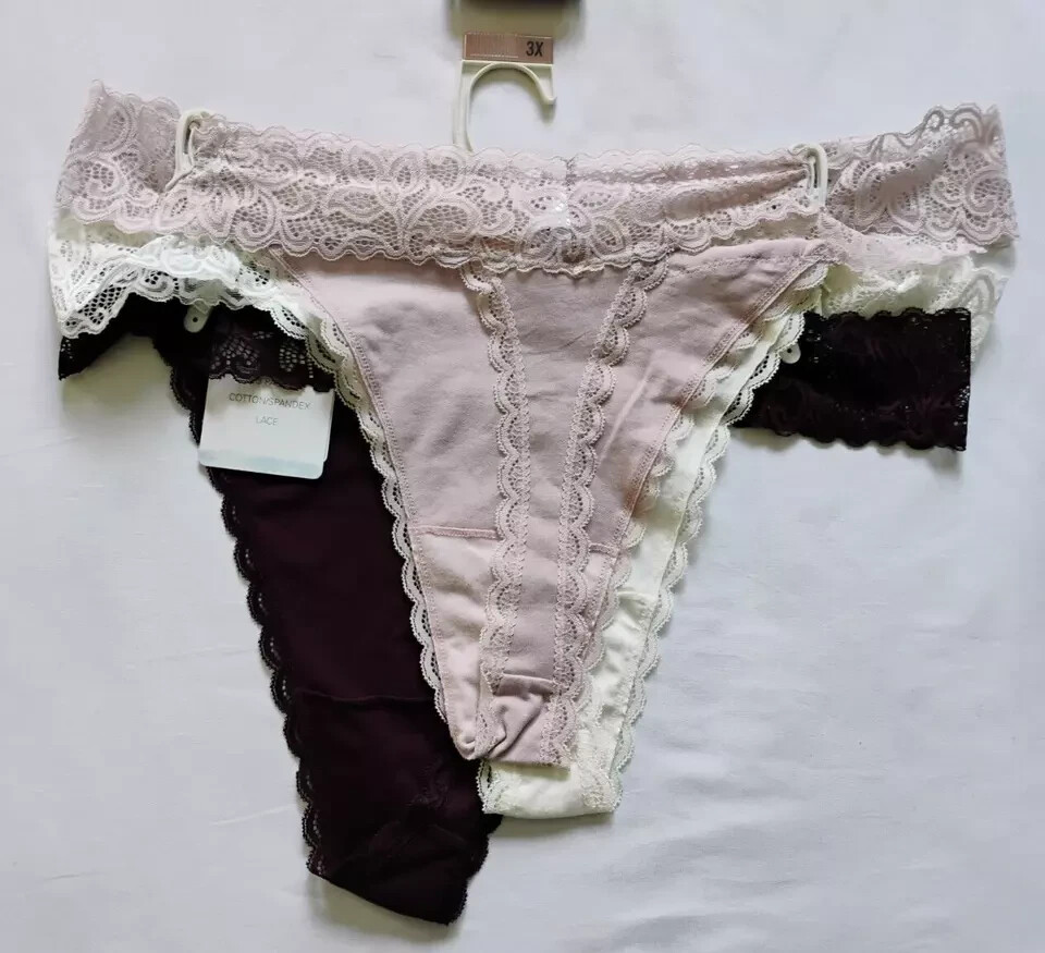 Tranquil & True 3-Pack Cotton/Lace Thongs Size 3X Multicolor (LOT OF 2 PACKS)
