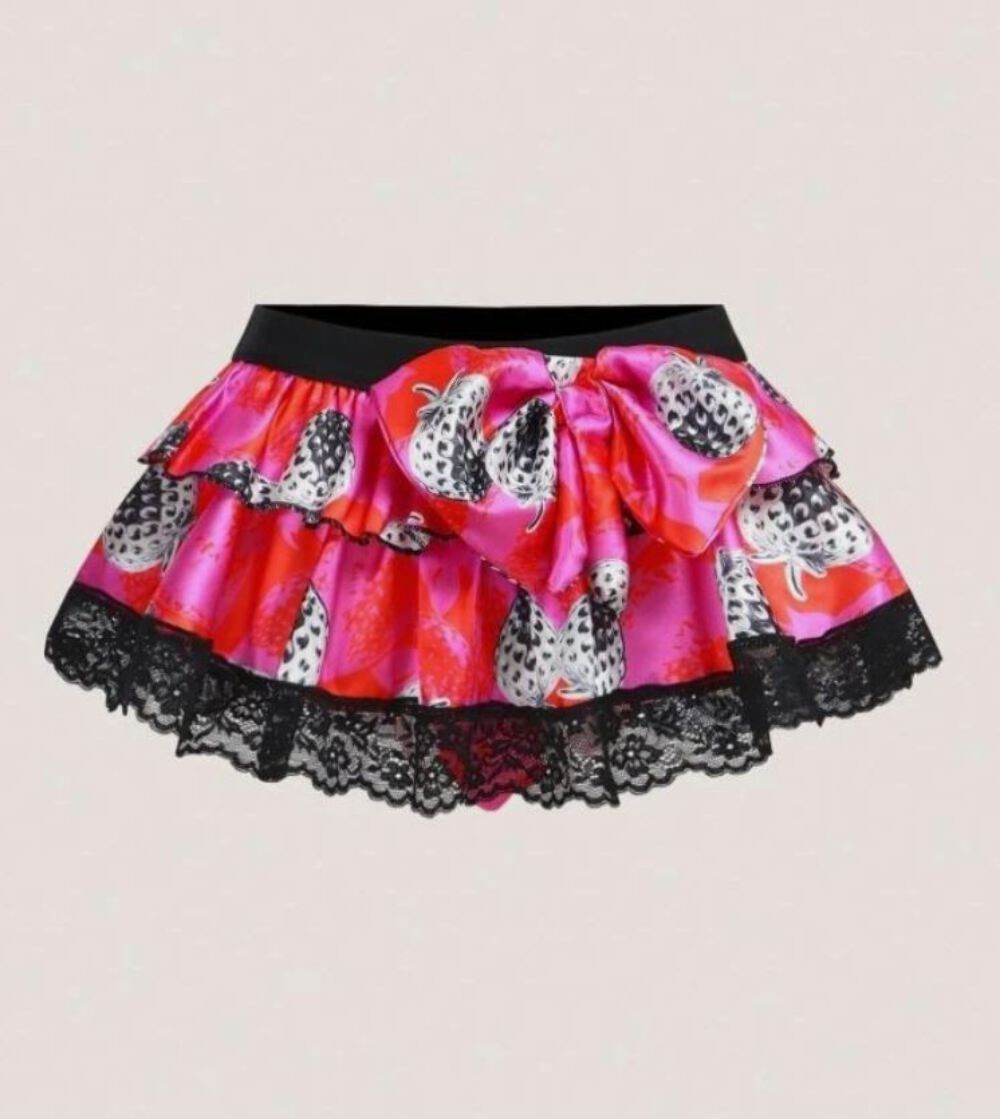 Soft silky satin feel cute strawberry print black lace trim cheeky fit size S 8