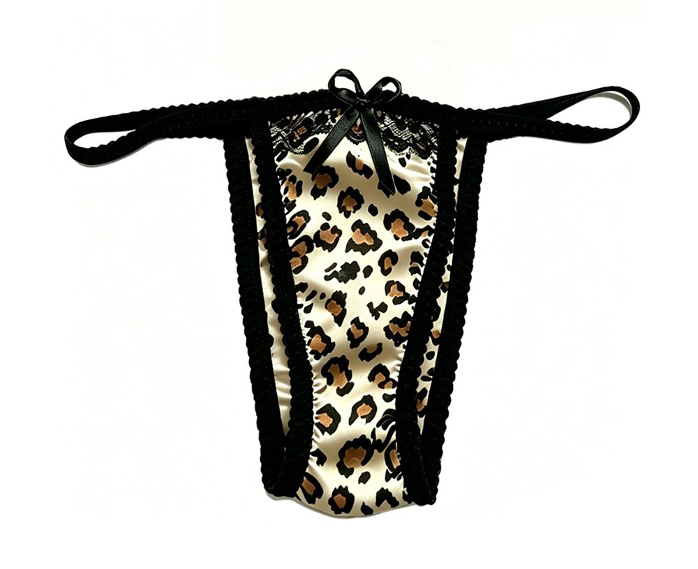 4PCS Silky Leopard Print Thong with Delicate Black Lace Trim & Bow Detail