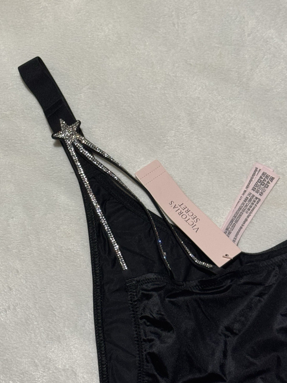 Victoria’s Secret Black Shine Strap Thong Panty XL Star Rhinestone NWT