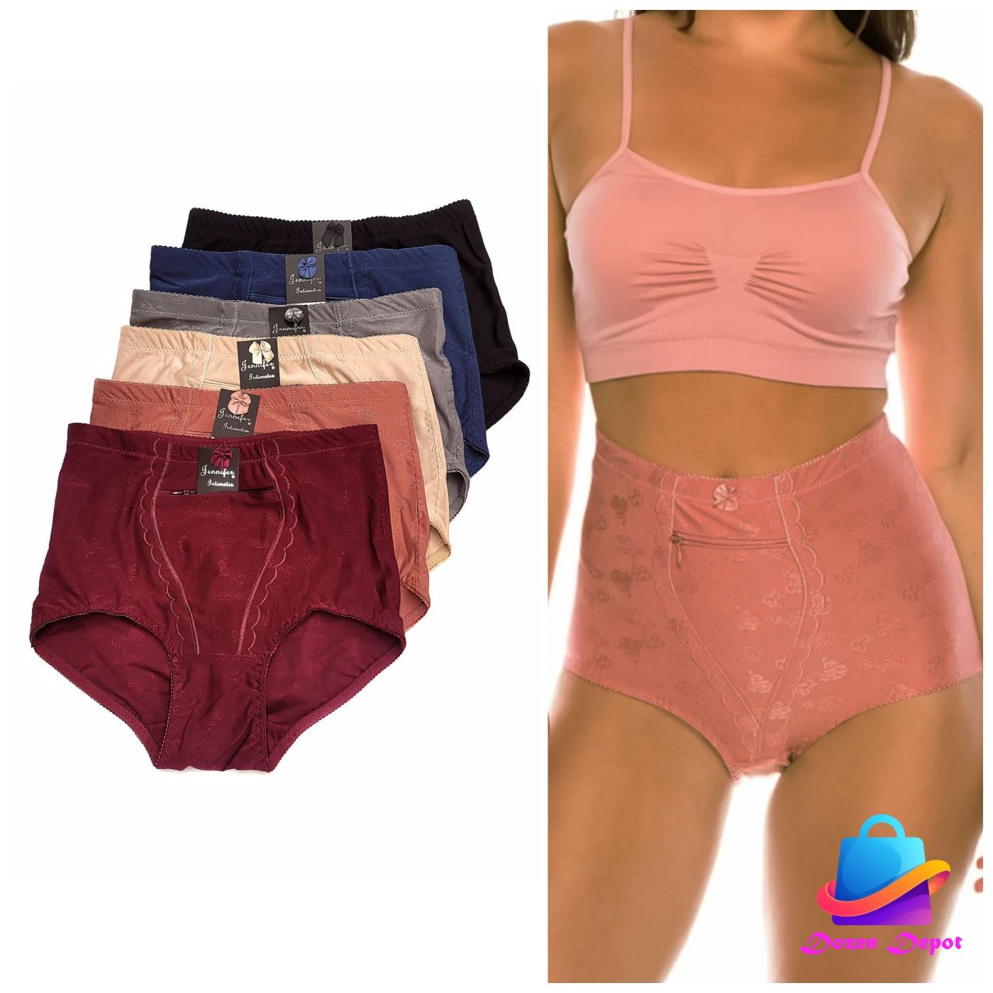 Women High Waist Tummy Control Jacquard Functional Zipper Girdle Brief Panties