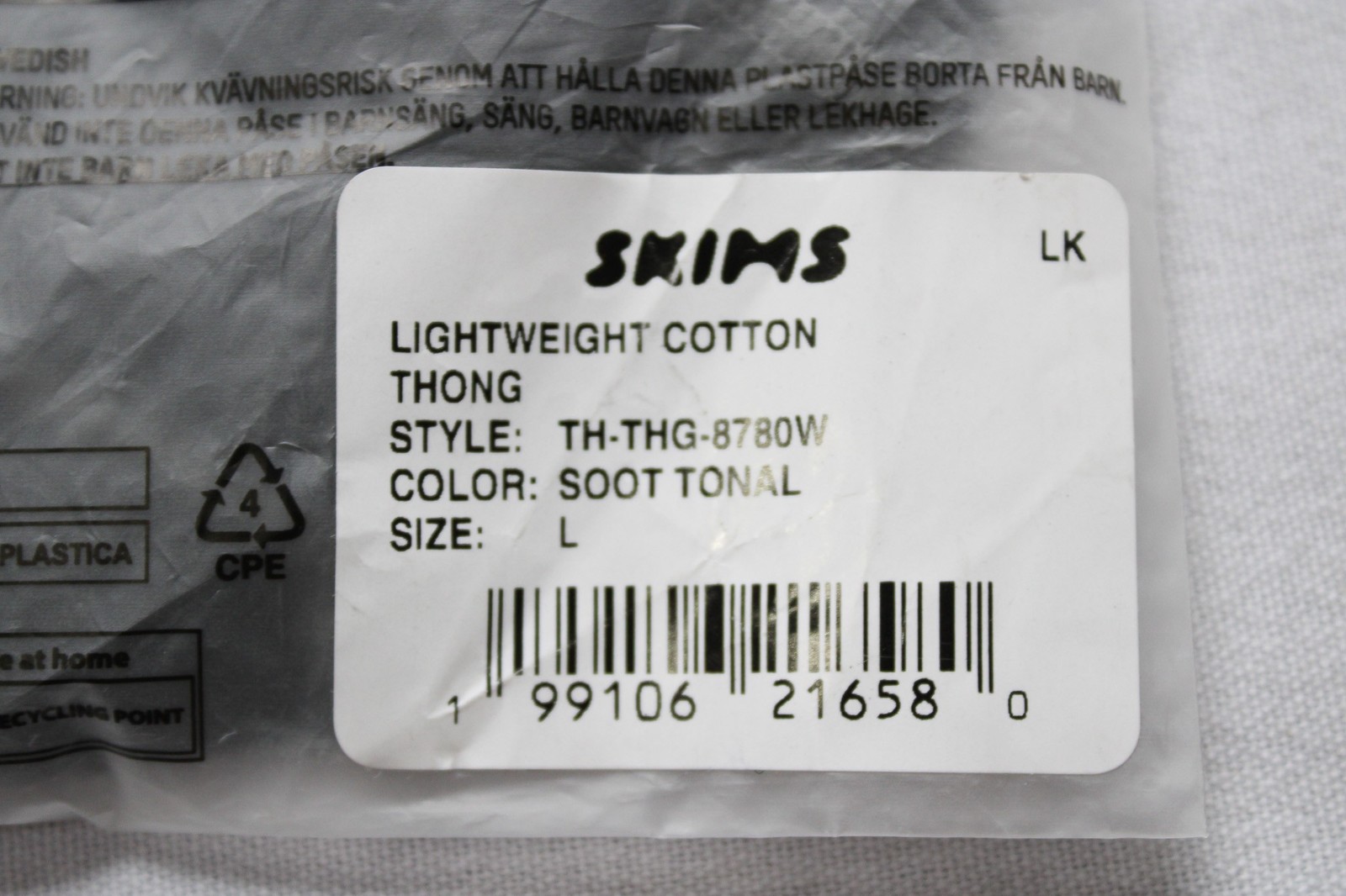 Skims Women’s Lightweight Breathable Cotton Thong NN7 Soot Tonal Black Large NWT