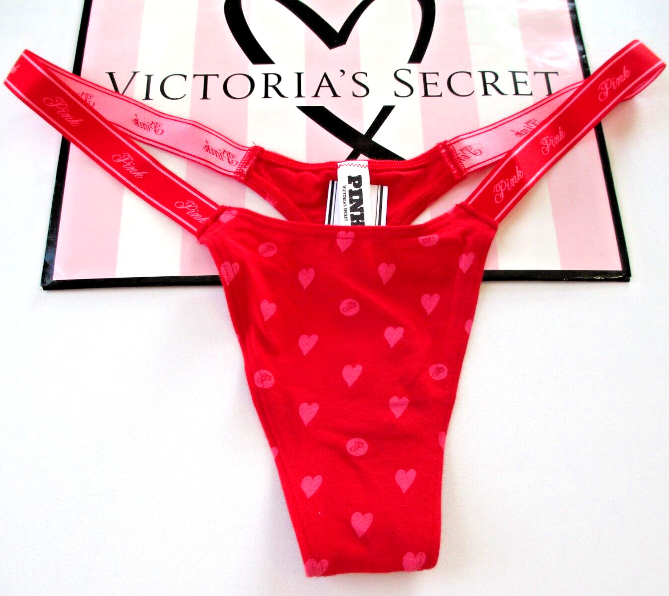 VICTORIA’S SECRET PINK Cotton High Leg Micro Thong Panty VS Red Hearts S M