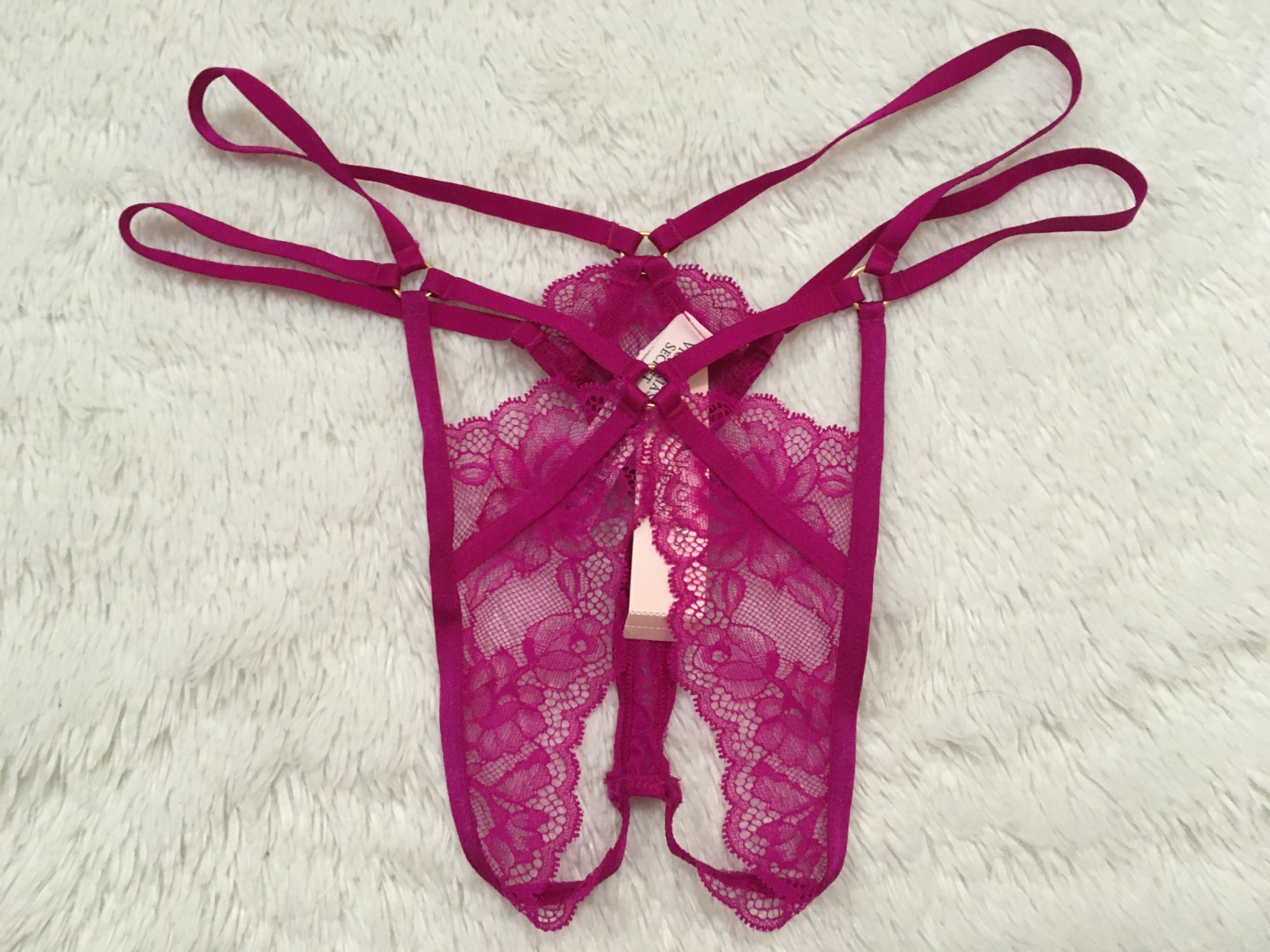 M VICTORIA’S SECRET High Leg STRAPPY Thong Panty Lace Crotchless Berrylicious