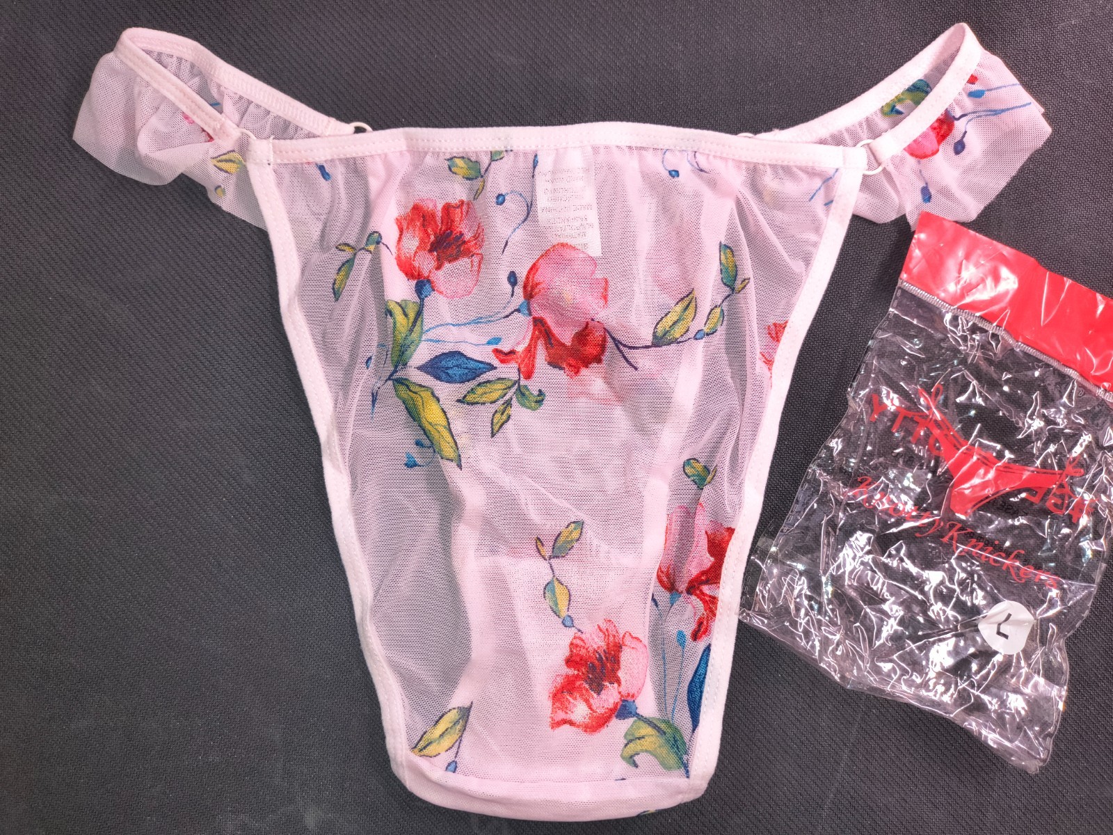 Knotty Knickers Sheer Mesh Floral Thong Panty Size L Pink NIP